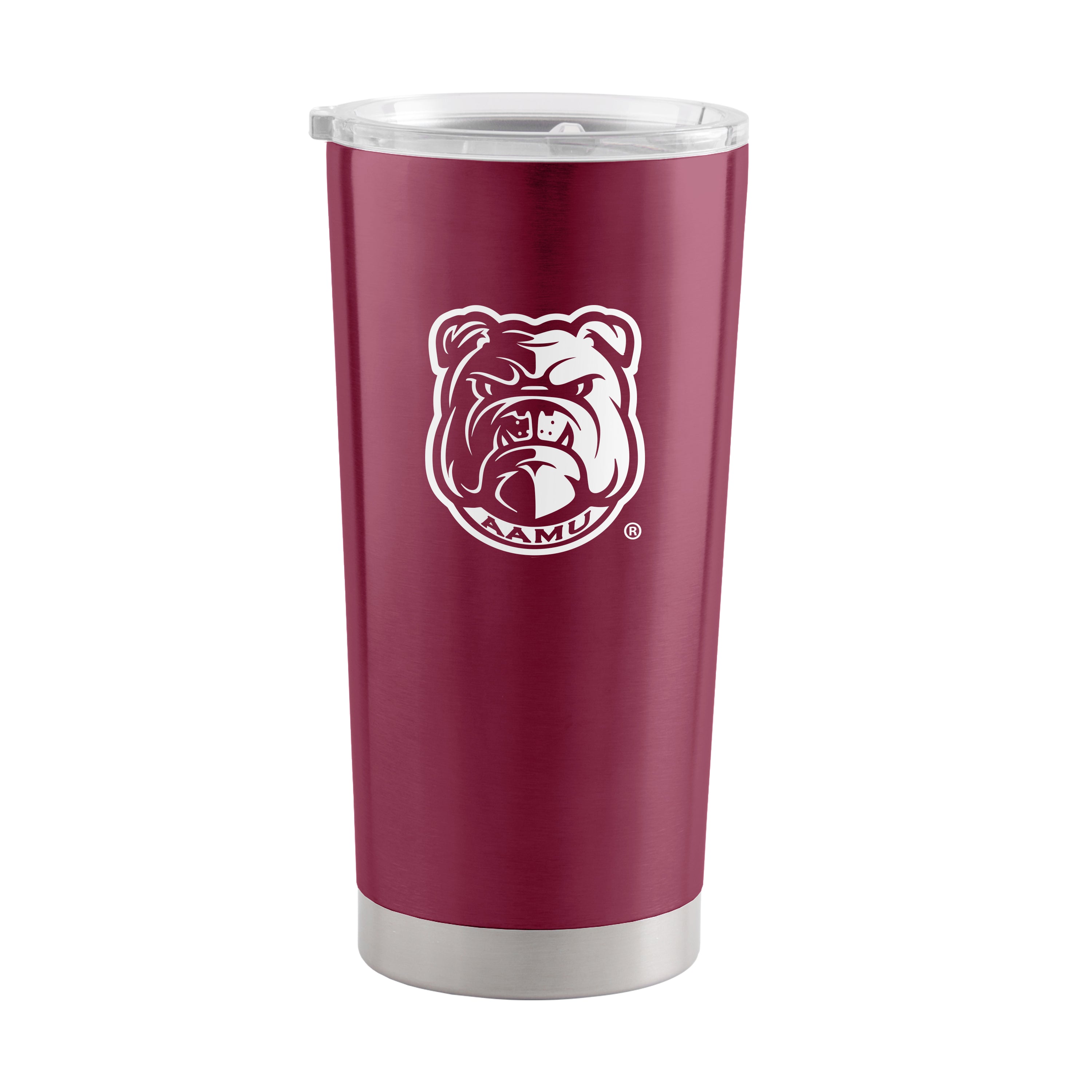 The Alabama A&M 20 oz. Stainless Steel Tumbler keeps beverages hot or cold for hours. It features a stylish design, a high lip slider lid with straw space, and a logo for team spirit. Fits most cupholders; hand wash recommended.