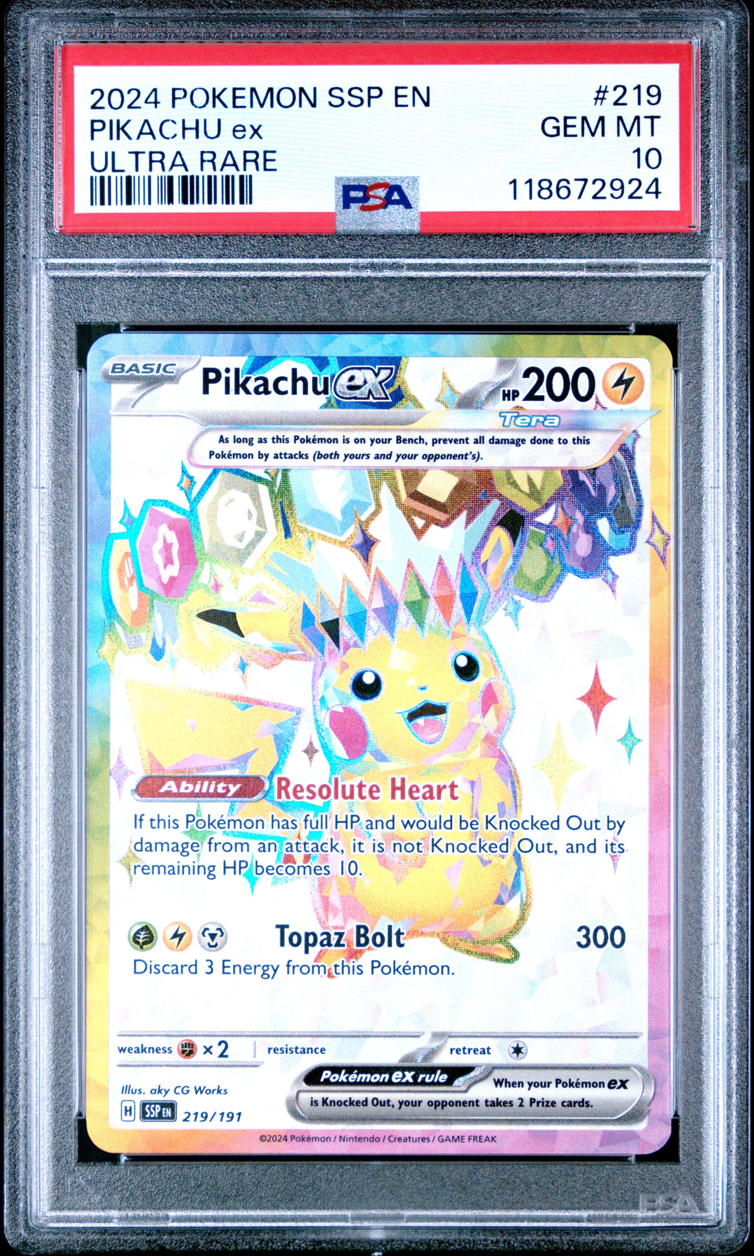 Graded 2024 PKM SSP EN Surging Sparks Pikachu Ex #219 Ultra Rare Trading Card Game PSA 10 Gem Mint