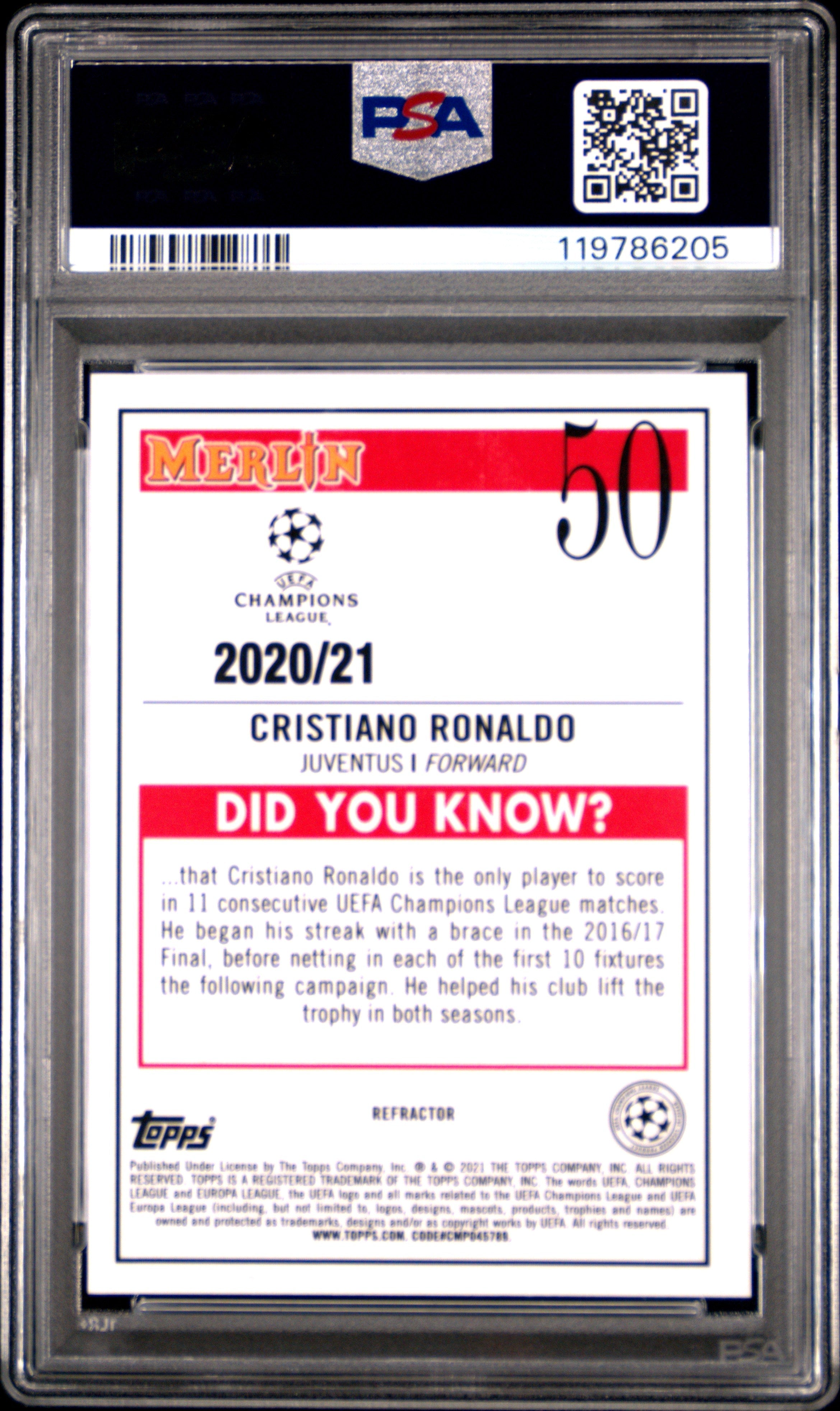 Graded 2020 Merlin Chrome UCL Cristiano Ronaldo #50 Refractor UEFA Champions League Soccer Card PSA 10 Gem Mint