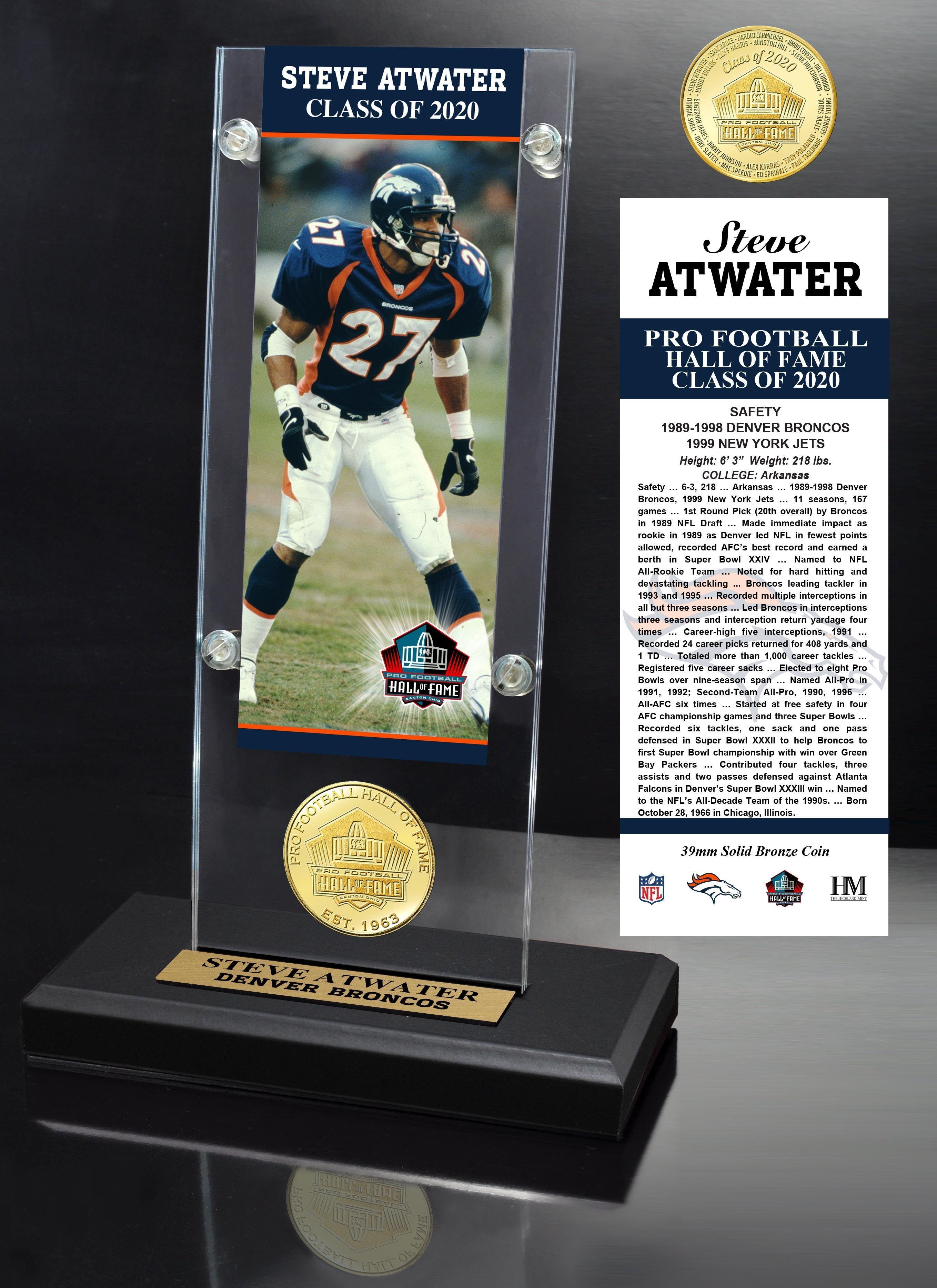 Steve Atwater 2020 HOF Bronze Coin Ticket Acrylic - Sports Collectibles, Sports Memorabilia, Sports Fan Shop, Sports Gifts