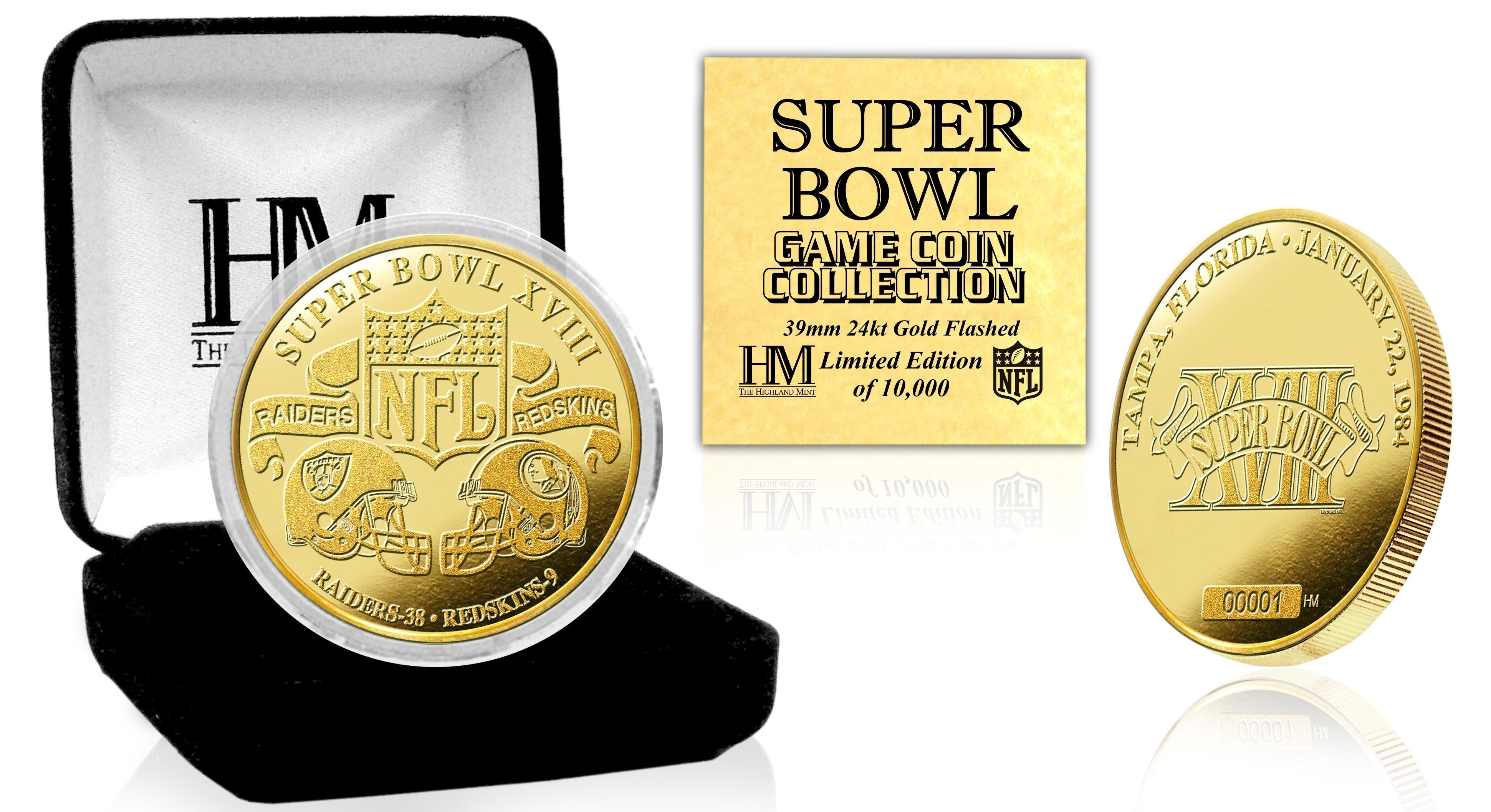 Super Bowl XVIII 24kt Gold Flip Coin - Sports Collectibles, Sports Memorabilia, Sports Fan Shop, Sports Gifts