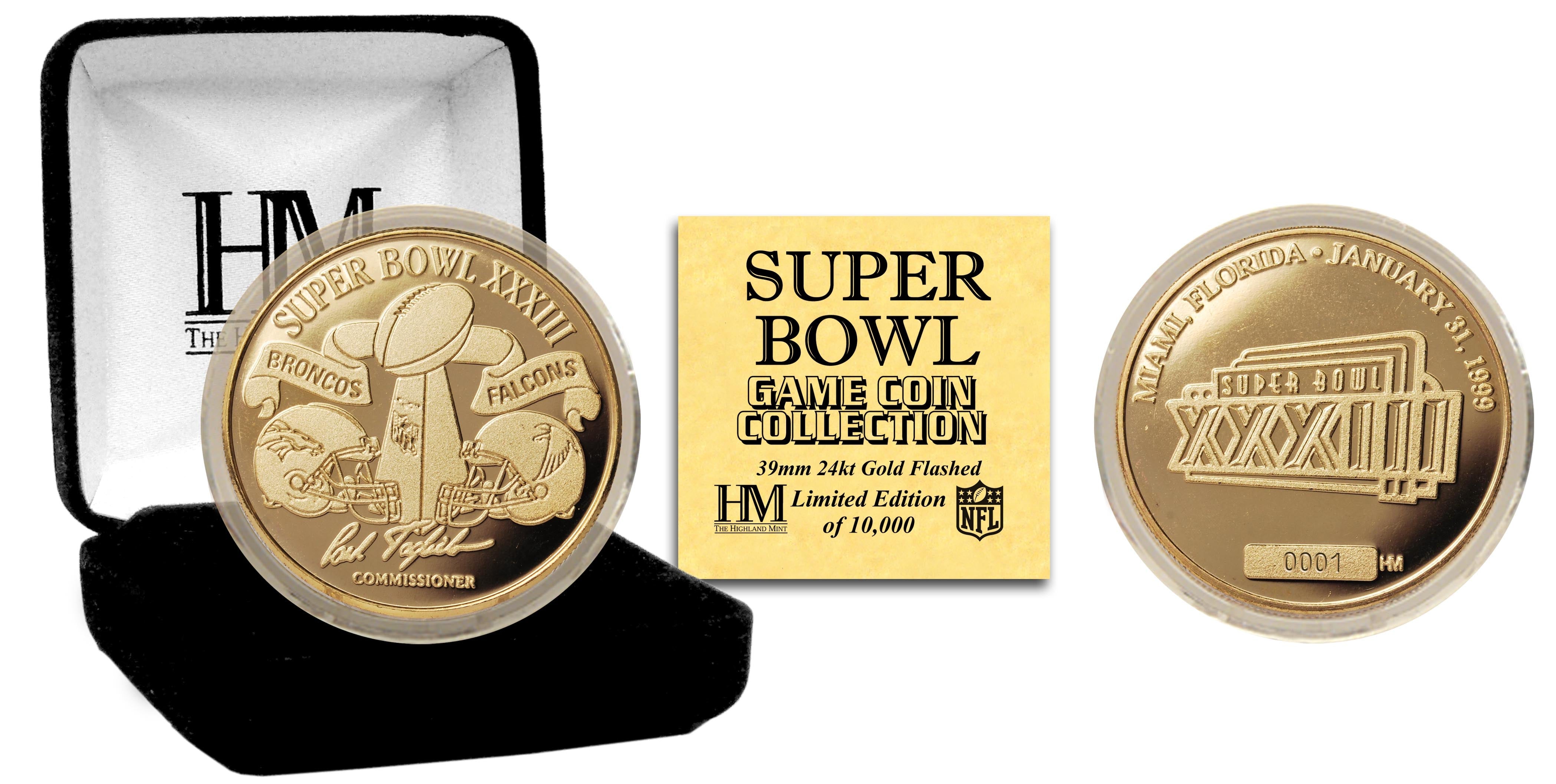Super Bowl XXXIII 24kt Gold Flip Coin - Sports Collectibles, Sports Memorabilia, Sports Fan Shop, Sports Gifts