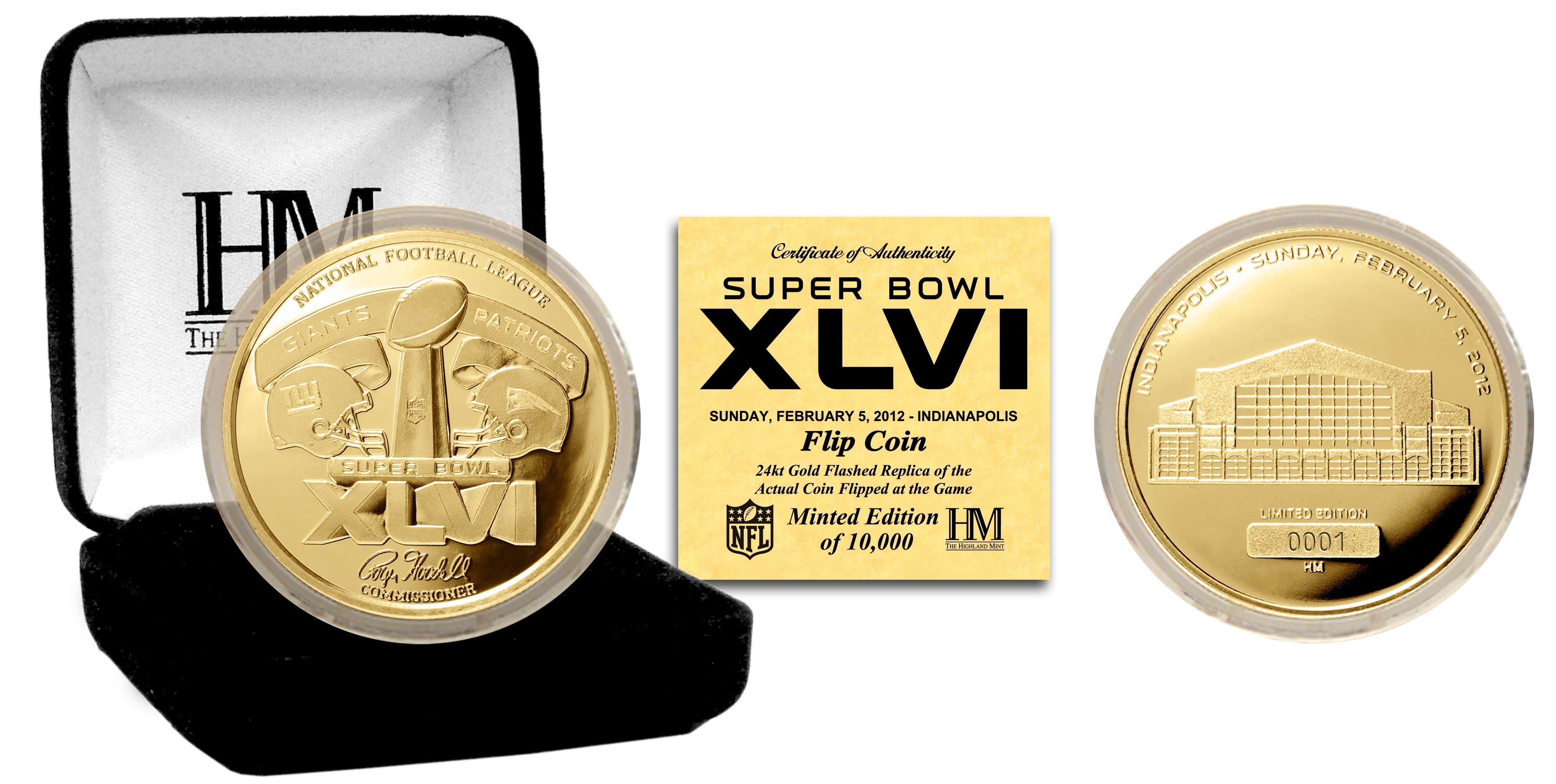 Super Bowl XLVI 24KT Gold Flip Coin - Sports Collectibles, Sports Memorabilia, Sports Fan Shop, Sports Gifts
