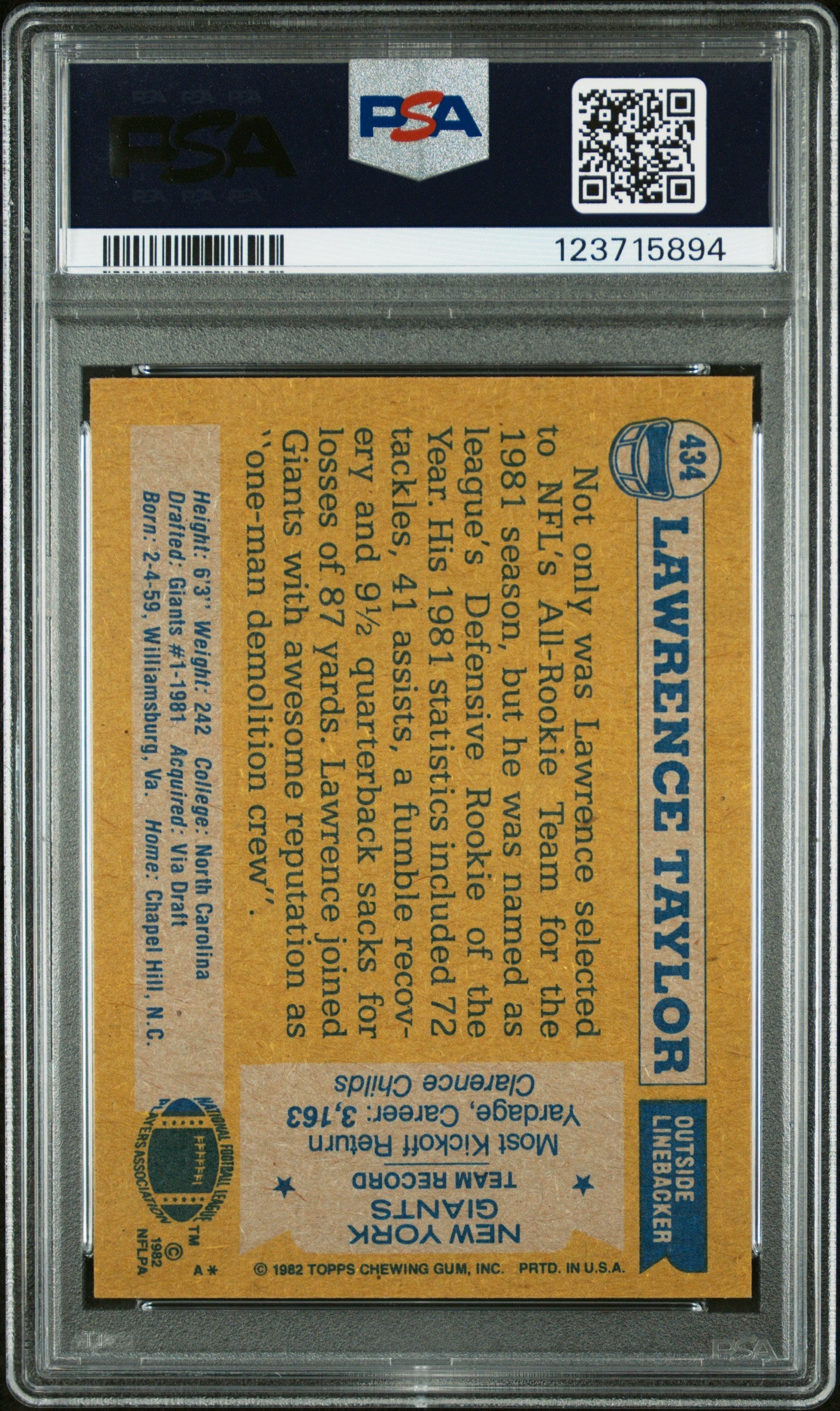 Graded 1982 Topps Lawrence Taylor #434 Rookie RC Signed Football Card PSA 6 Card - Auto Grade 10