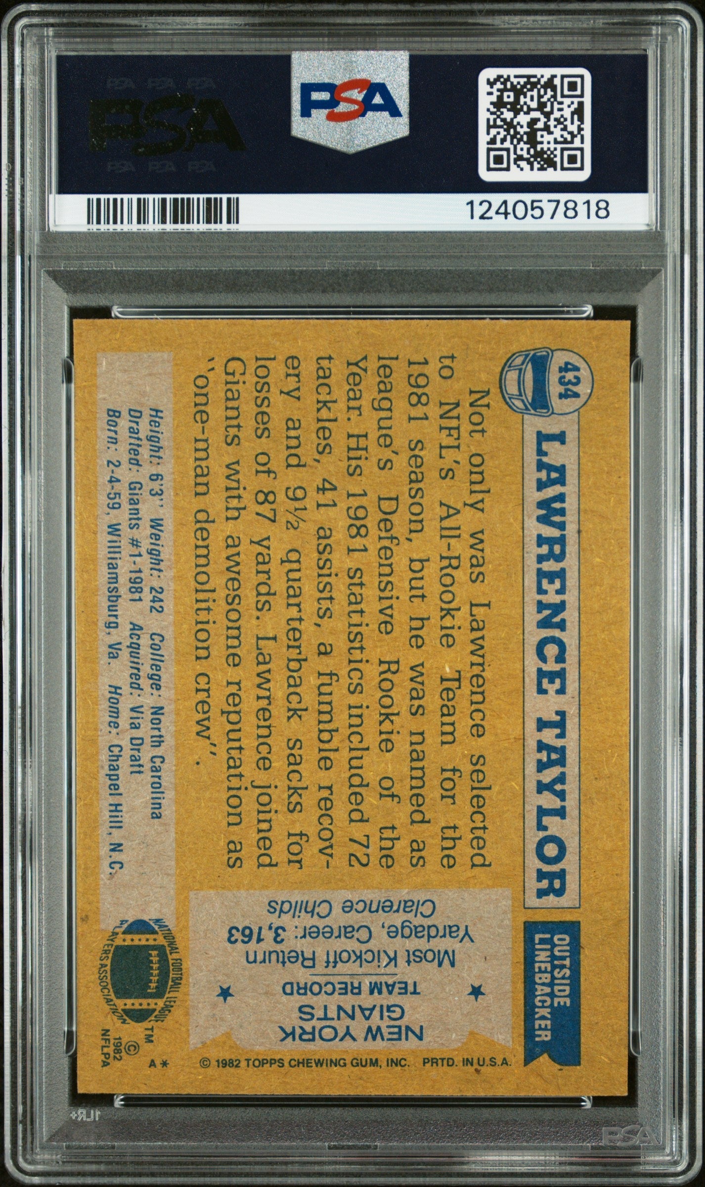 Graded 1982 Topps Lawrence Taylor #434 Rookie RC Signed Football Card PSA 8 Card - Auto Grade Authentic