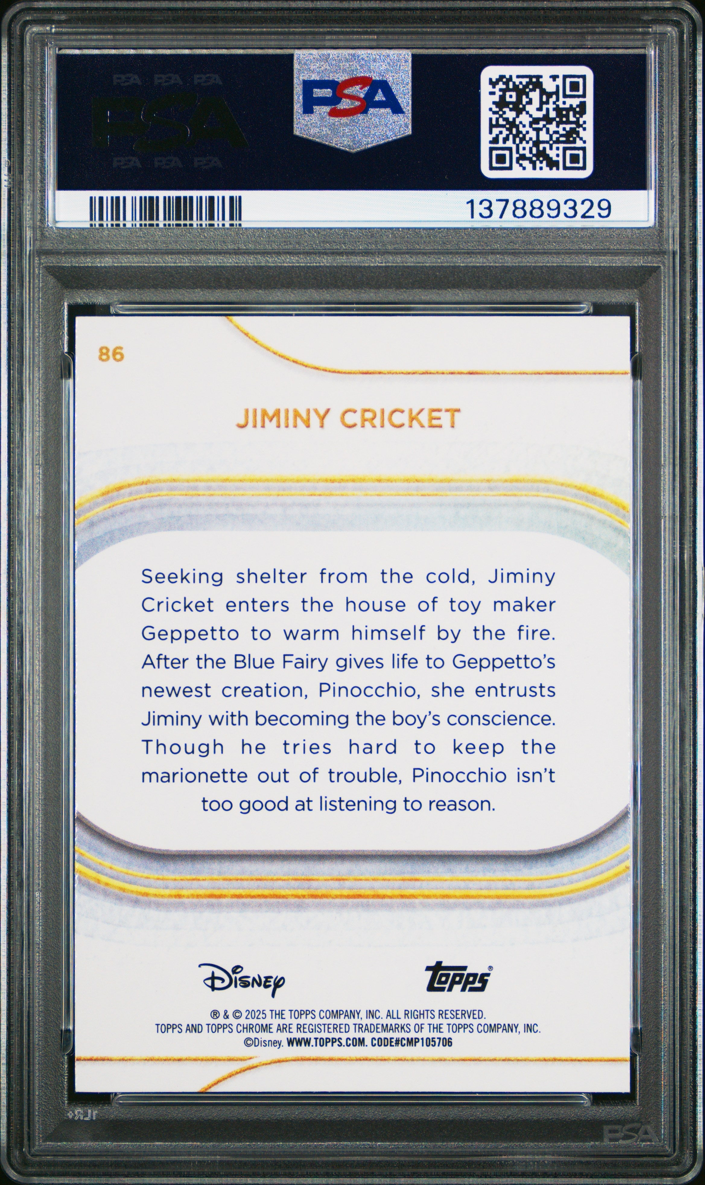 Graded 2025 Topps Chrome Disney Jiminy Cricket #86 Pink Refractor #/250 Pinocchio Trading Card PSA 10 Gem Mint