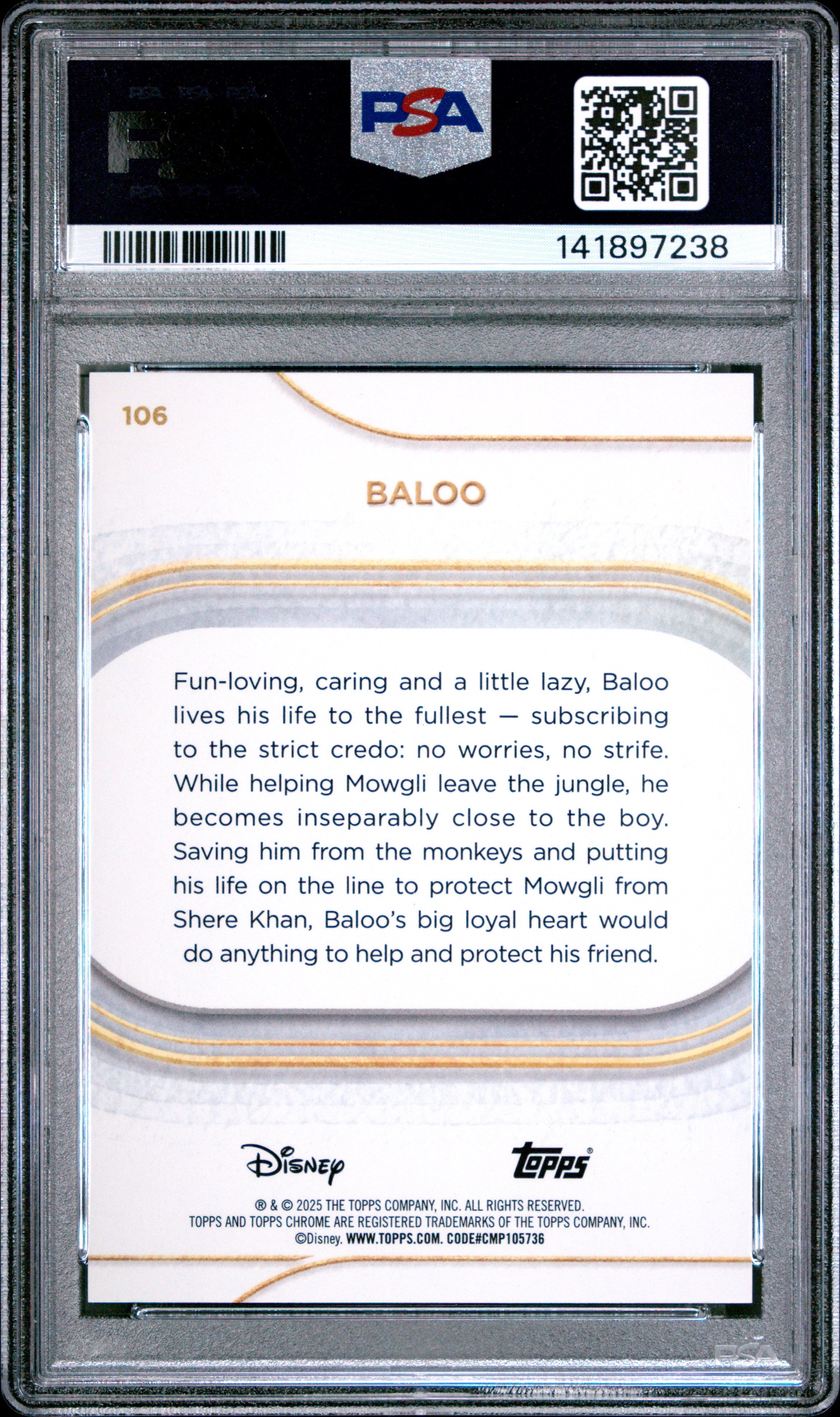 Graded 2025 Topps Chrome Disney Baloo #106 Gold Mini Diamonds #/50 The Jungle Book Trading Card PSA 10 Gem Mint