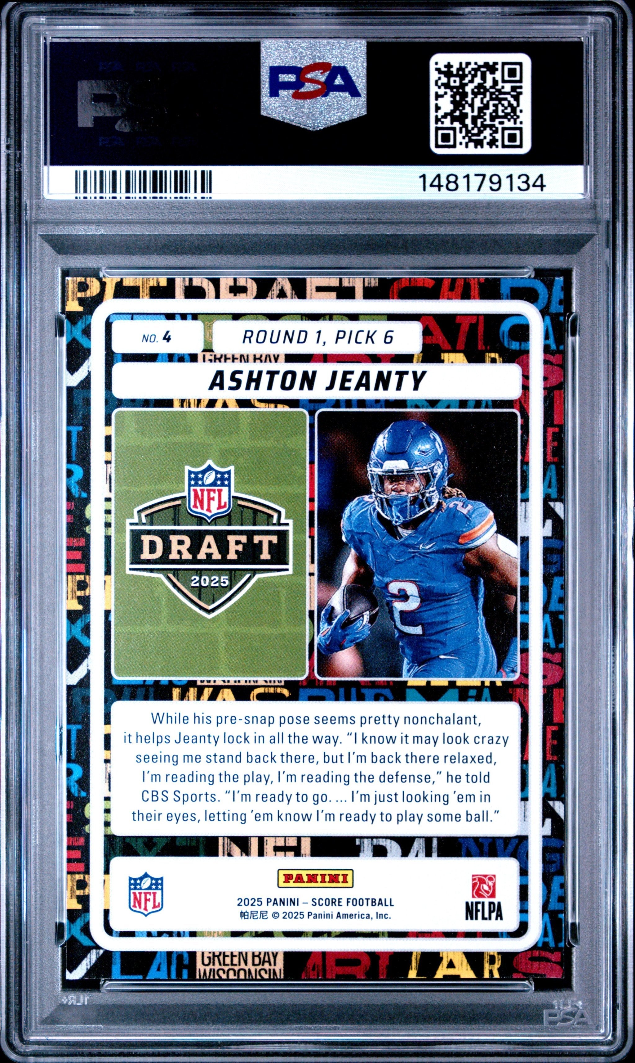 Graded 2025 Panini Score Ashton Jeanty #4 NFL Draft Rookie RC Football Card PSA 9 Mint