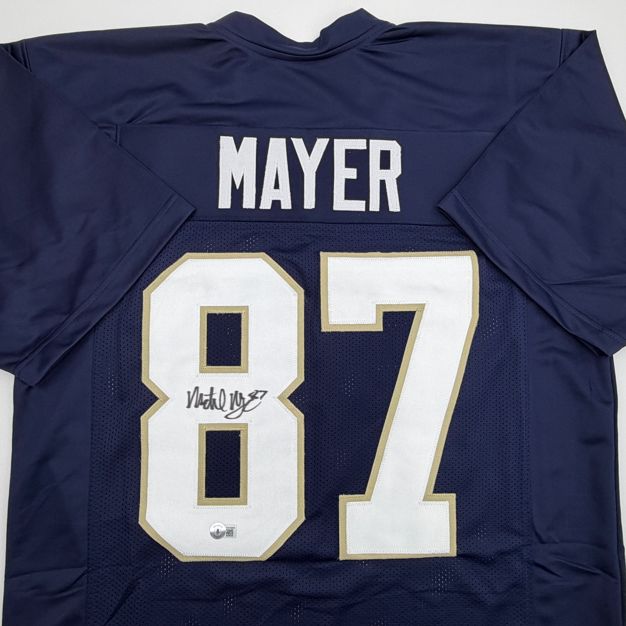 Autographed/Signed Michael Mayer Notre Dame Blue College Football Jersey Beckett BAS COA