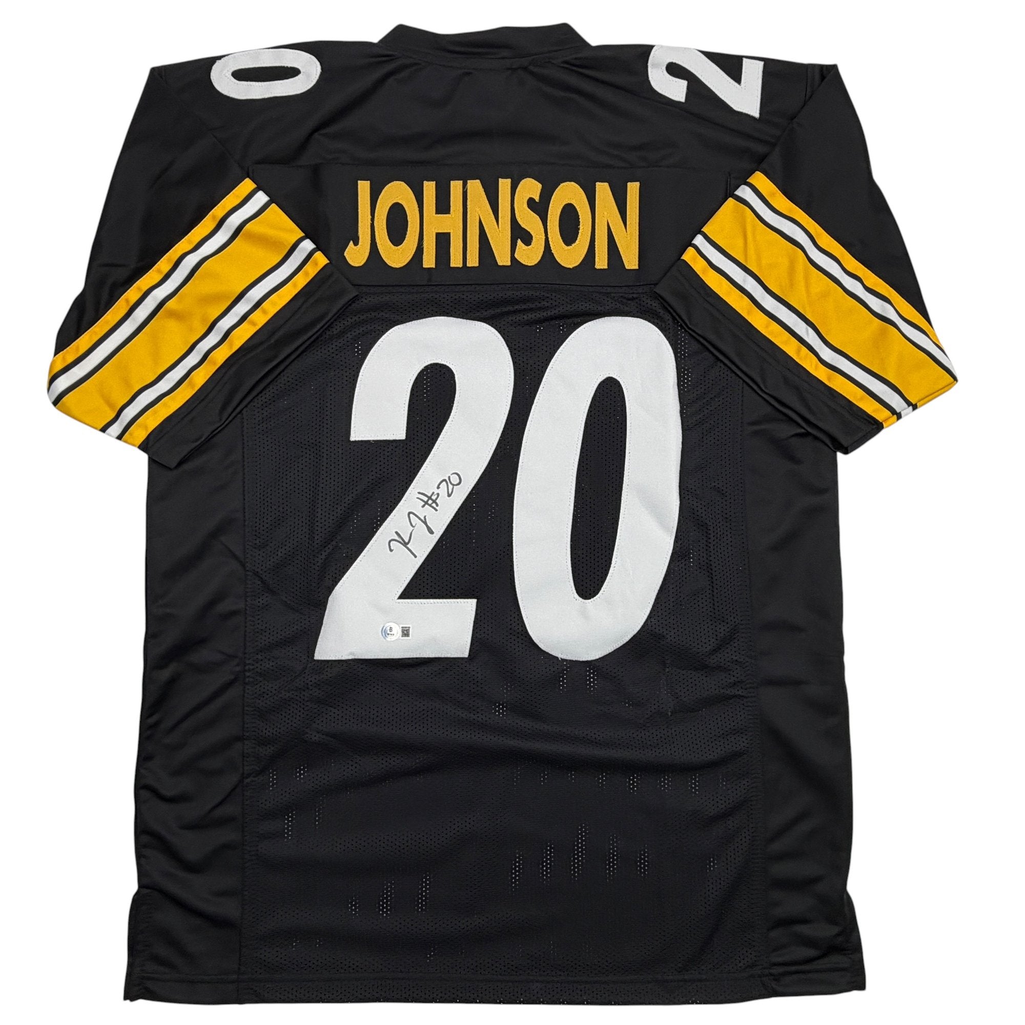 Autographed/Signed Kaleb Johnson Pittsburgh Black Football Jersey Beckett BAS COA