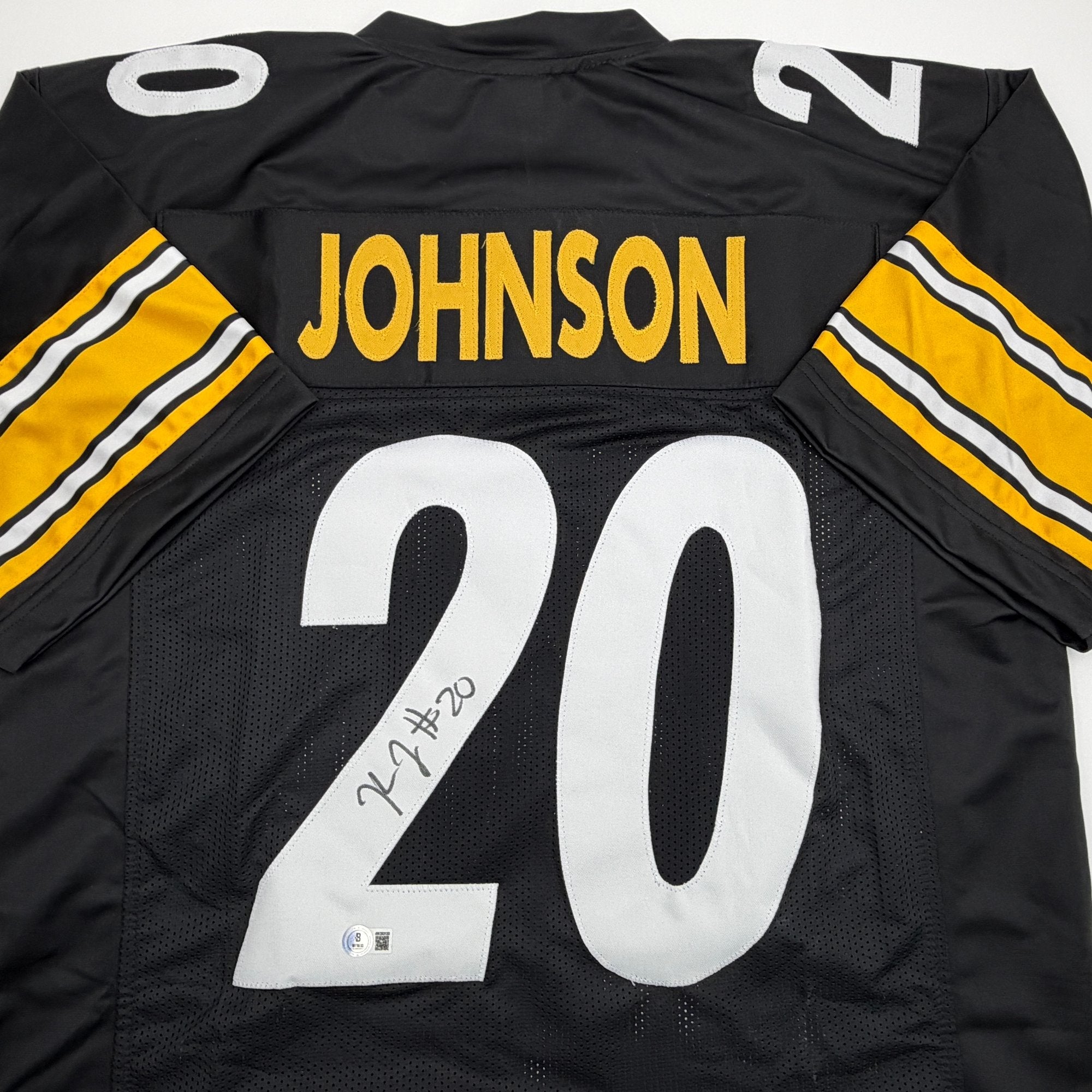 Autographed/Signed Kaleb Johnson Pittsburgh Black Football Jersey Beckett BAS COA