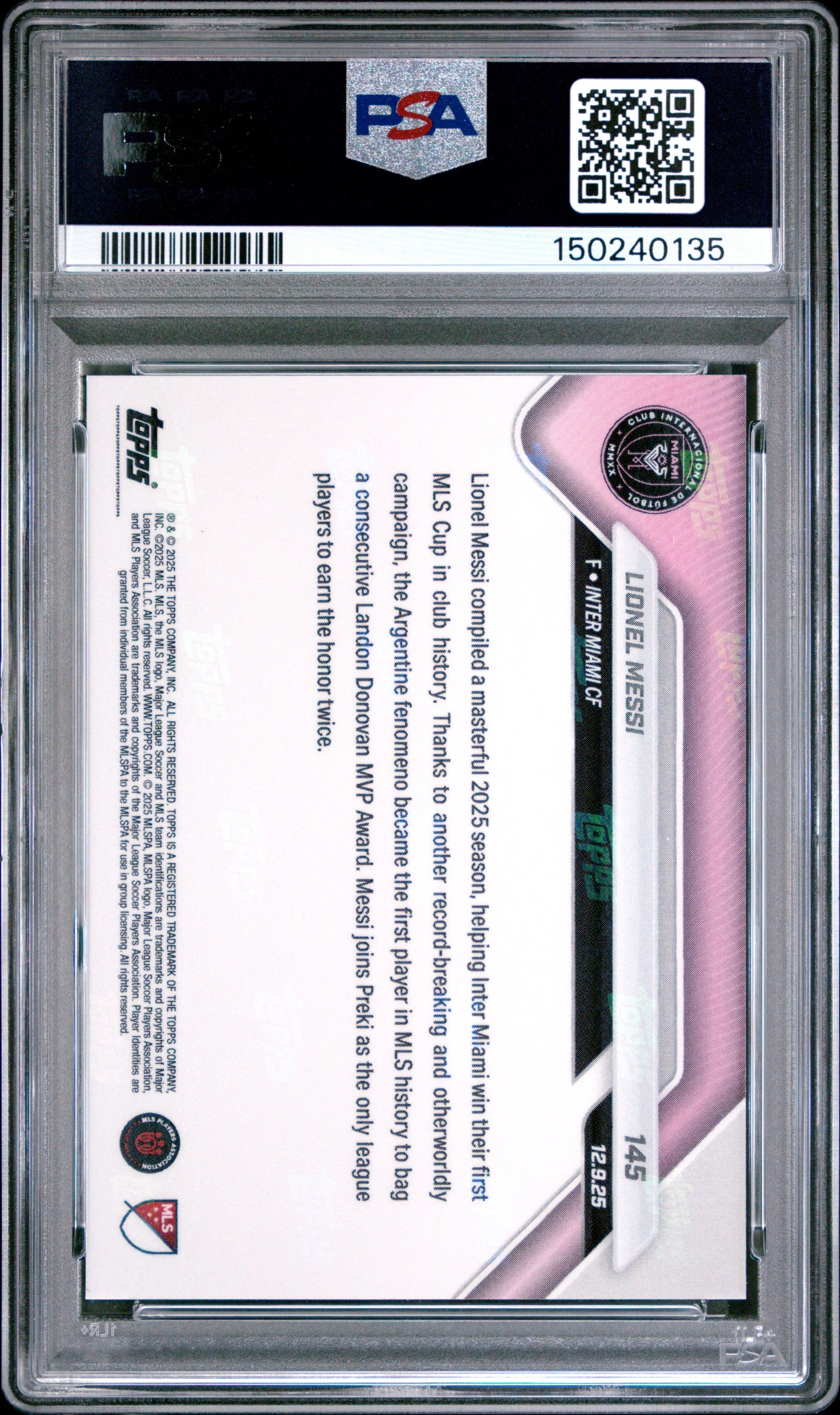 Graded 2025 Topps Now Lionel Messi #145 Soccer Card PSA 10 Gem Mint