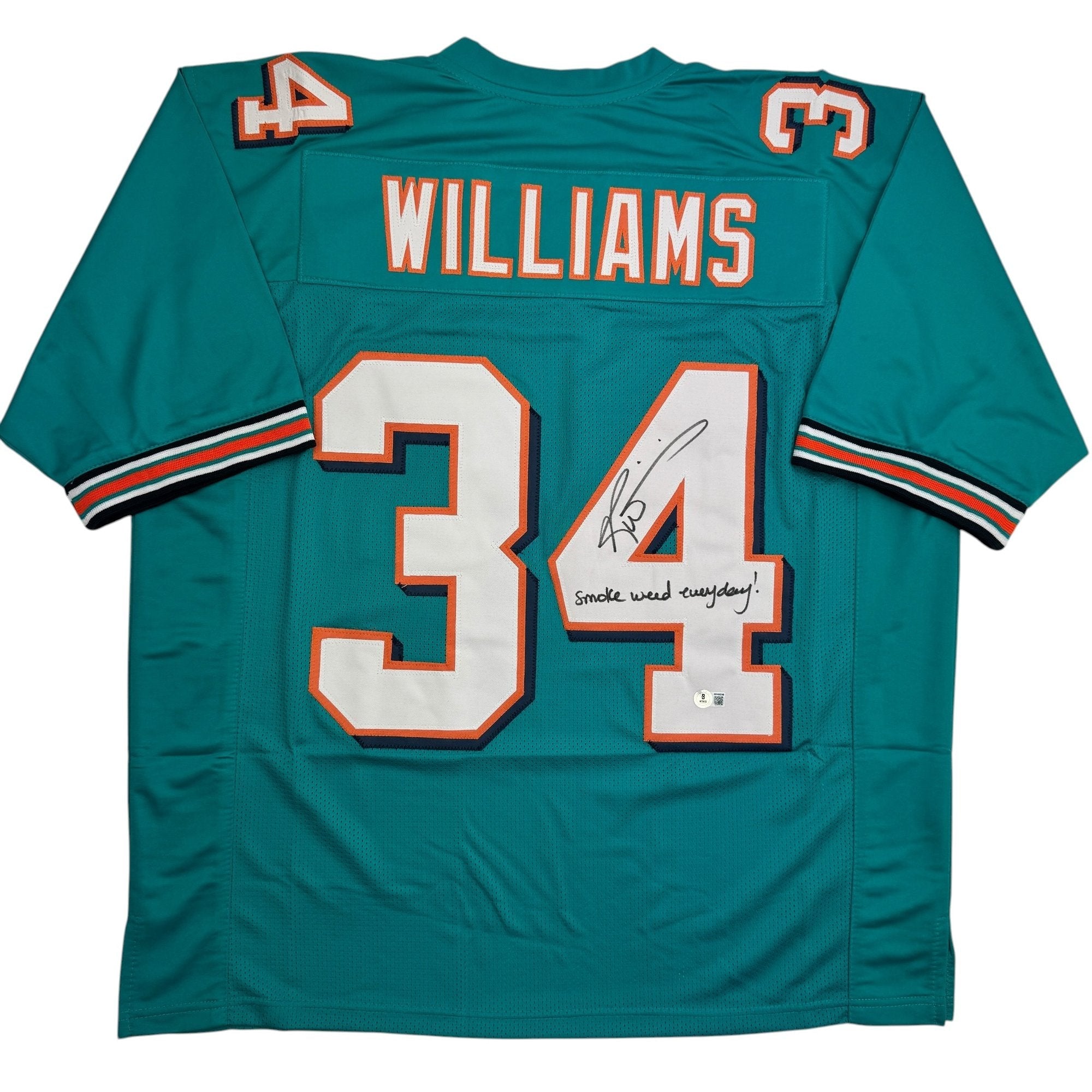 Autographed/Signed Ricky Williams Smoke Weed Everyday Miami Teal Football Jersey Beckett BAS COA