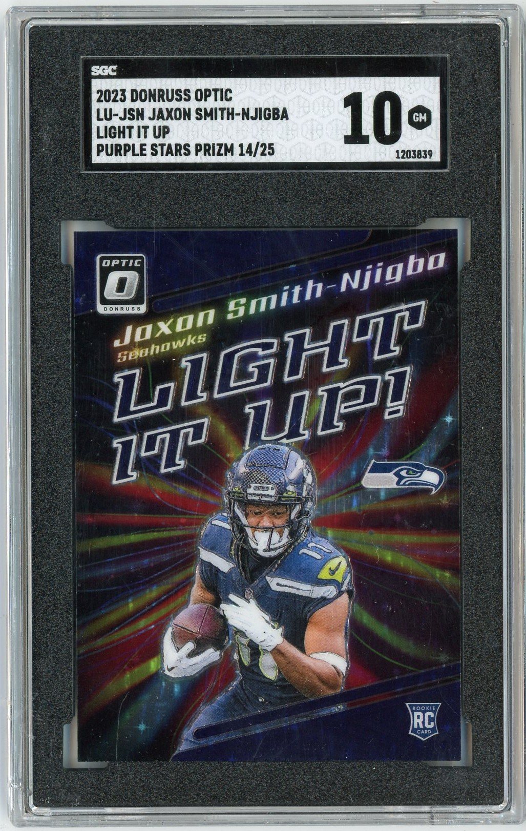 Graded 2023 Panini Donruss Optic Jaxon Smith Njigba #LUJSN Light It Up Purple Stars Prizm /25 Rookie RC Football Card SGC 10 Gem Mint