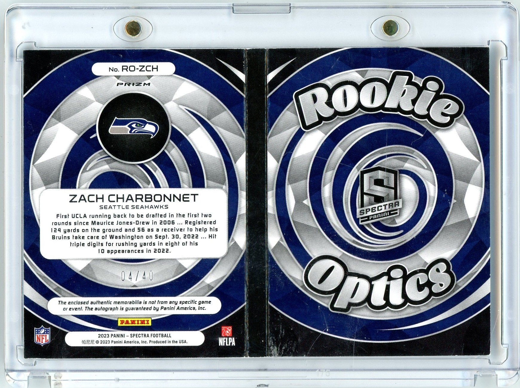 2023 Panini Spectra Zach Charbonnet #ROZCH /40 Rookie Optics Booklet RPA Auto Rookie RC Football Card