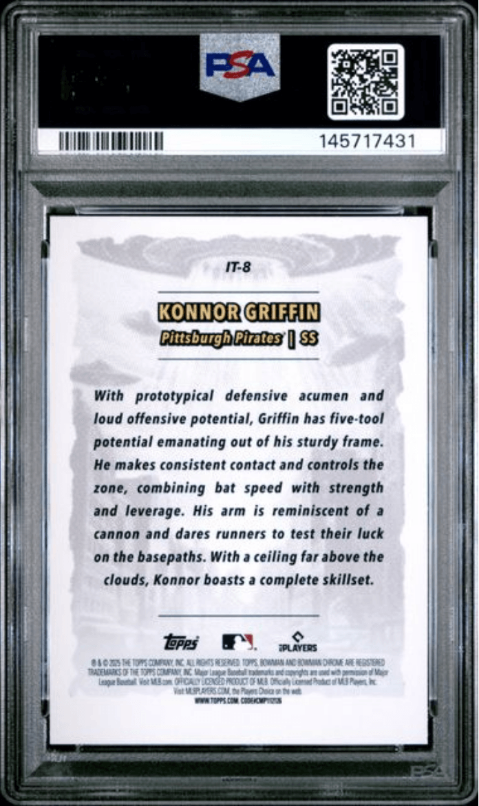 Graded 2025 Topps Bowman Chrome Konnor Griffin #IT8 It Came to the League Rookie RC Baseball Card PSA 9 Mint