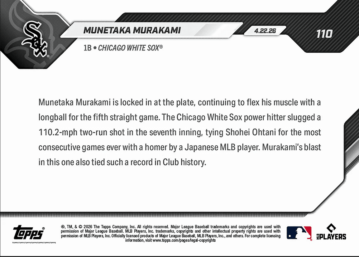 2026 Topps Now Munetaka Murakami #110 5th Straight Game With Home Run Ties Ohtani's Mark Chicago White Sox Rookie RC Baseball Card