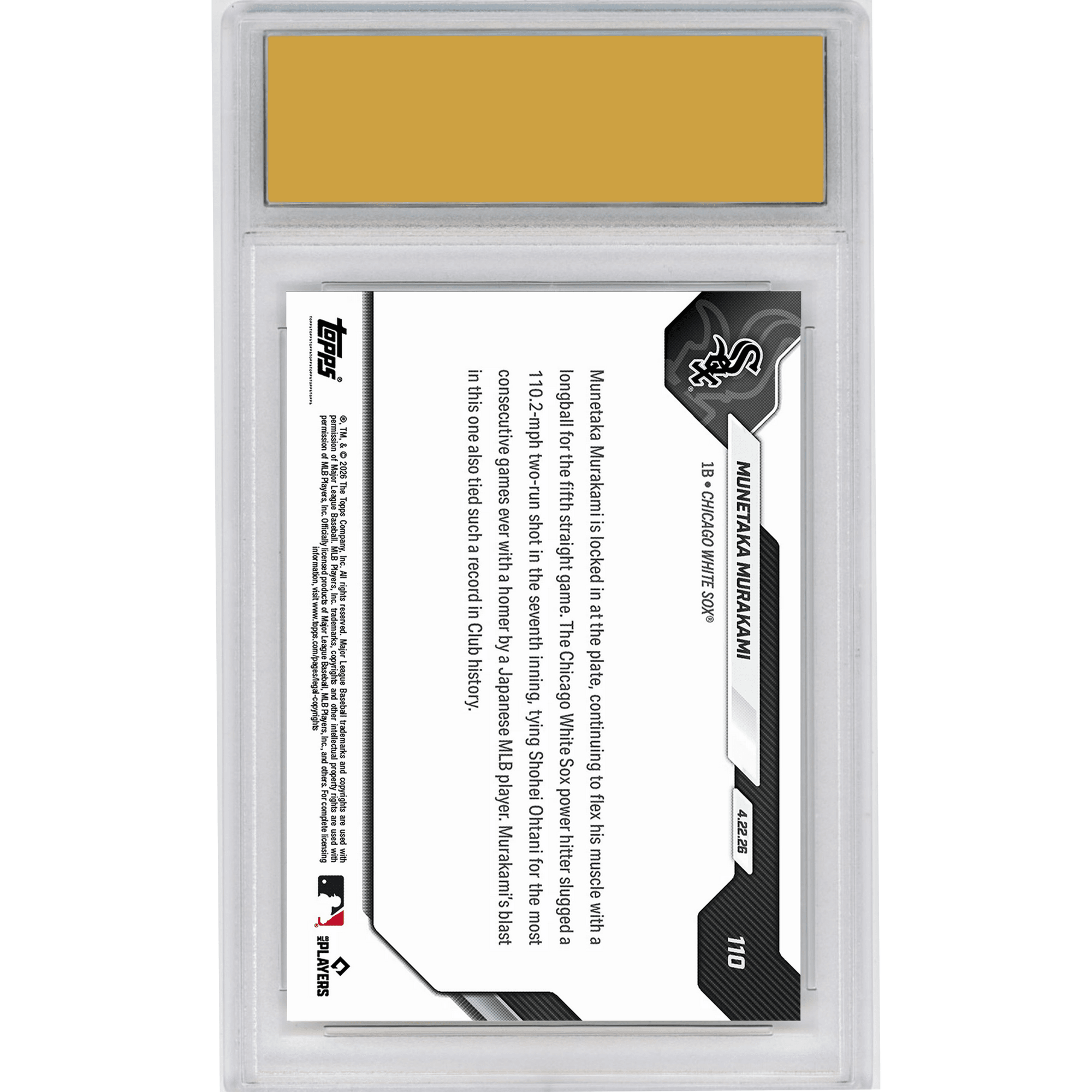 Graded 2026 Topps Now Munetaka Murakami #110 5th Straight Game With Home Run Ties Ohtani's Mark Chicago White Sox Rookie RC Baseball Card HOFSM 10 Gem Mint