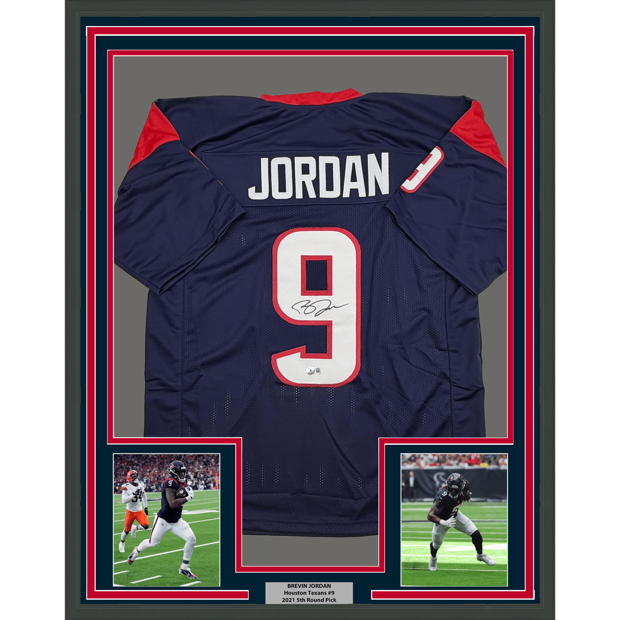Framed Autographed/Signed Brevin Jordan 35x39 Houston Blue Football Jersey Beckett BAS COA