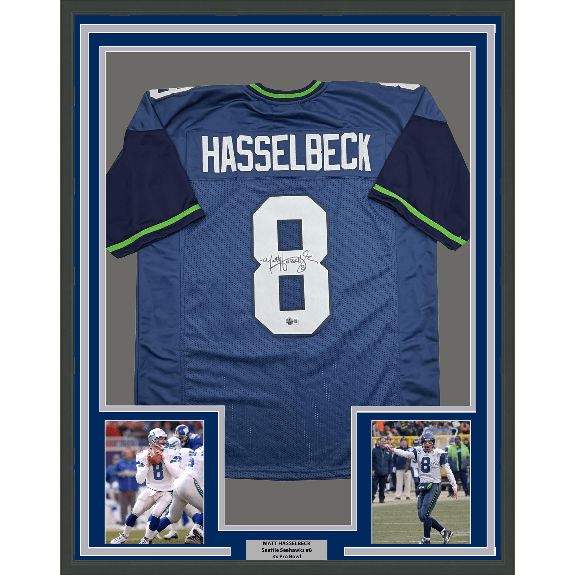 Framed Autographed/Signed Matt Hasselbeck 35x39 Seattle Blue Football Jersey Beckett BAS COA