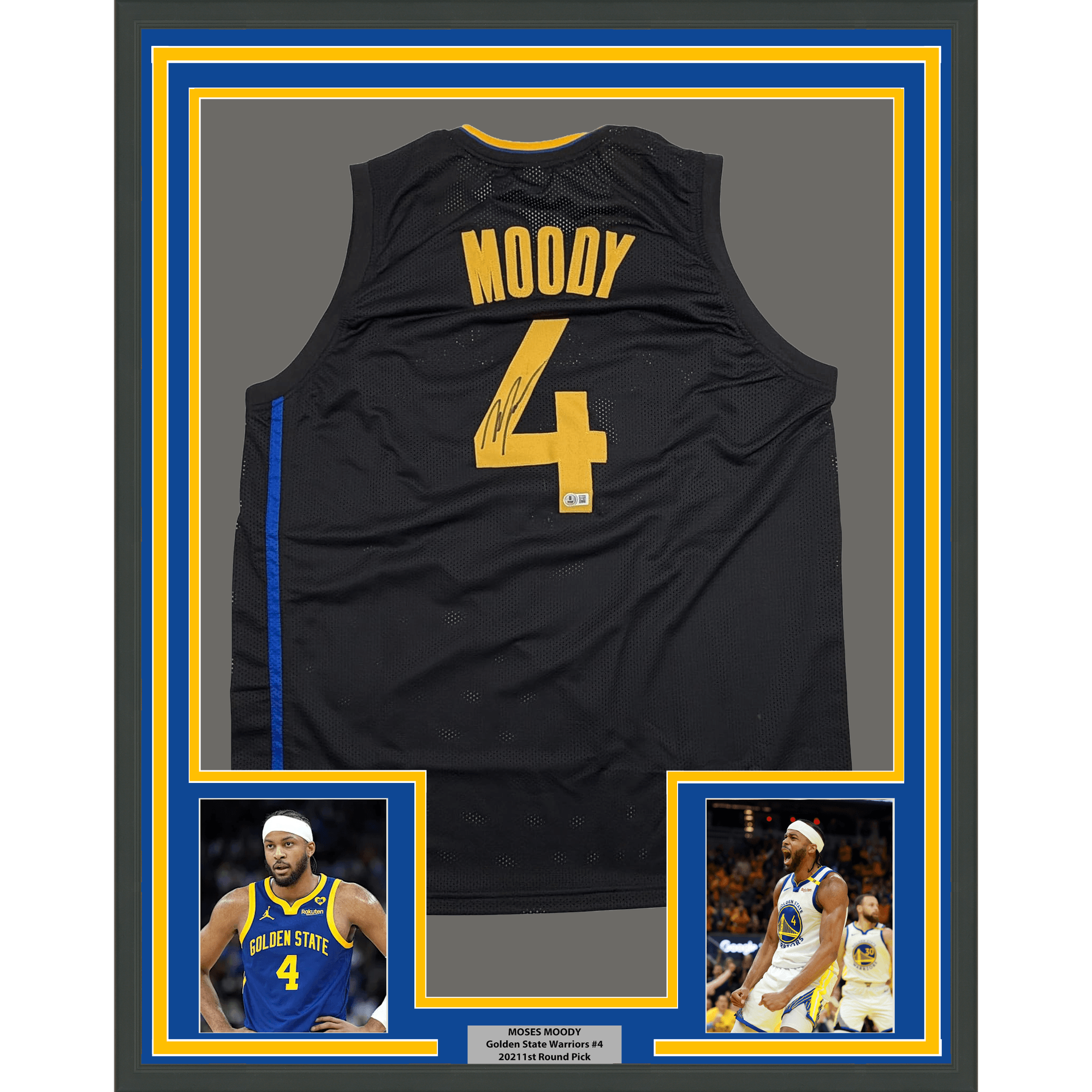 Framed Autographed/Signed Moses Moody 35x39 Golden State Black Basketball Jersey Beckett BAS COA
