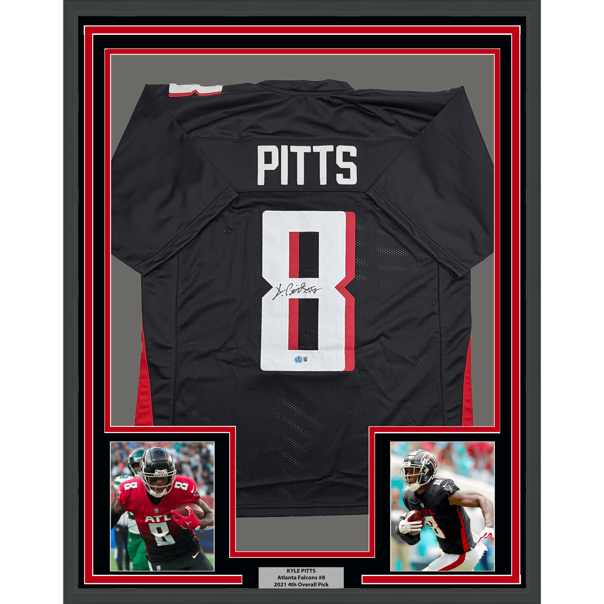 Framed Autographed/Signed Kyle Pitts 35x39 Atlanta Black Football Jersey Beckett BAS COA