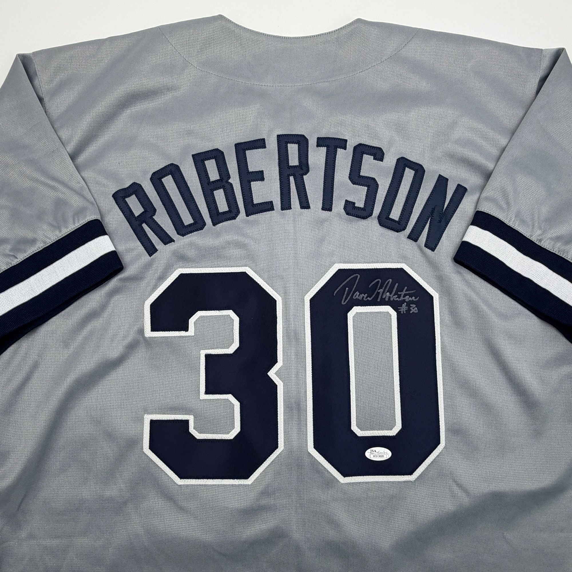 Autographed/Signed David Robertson New York Grey Baseball Jersey JSA COA
