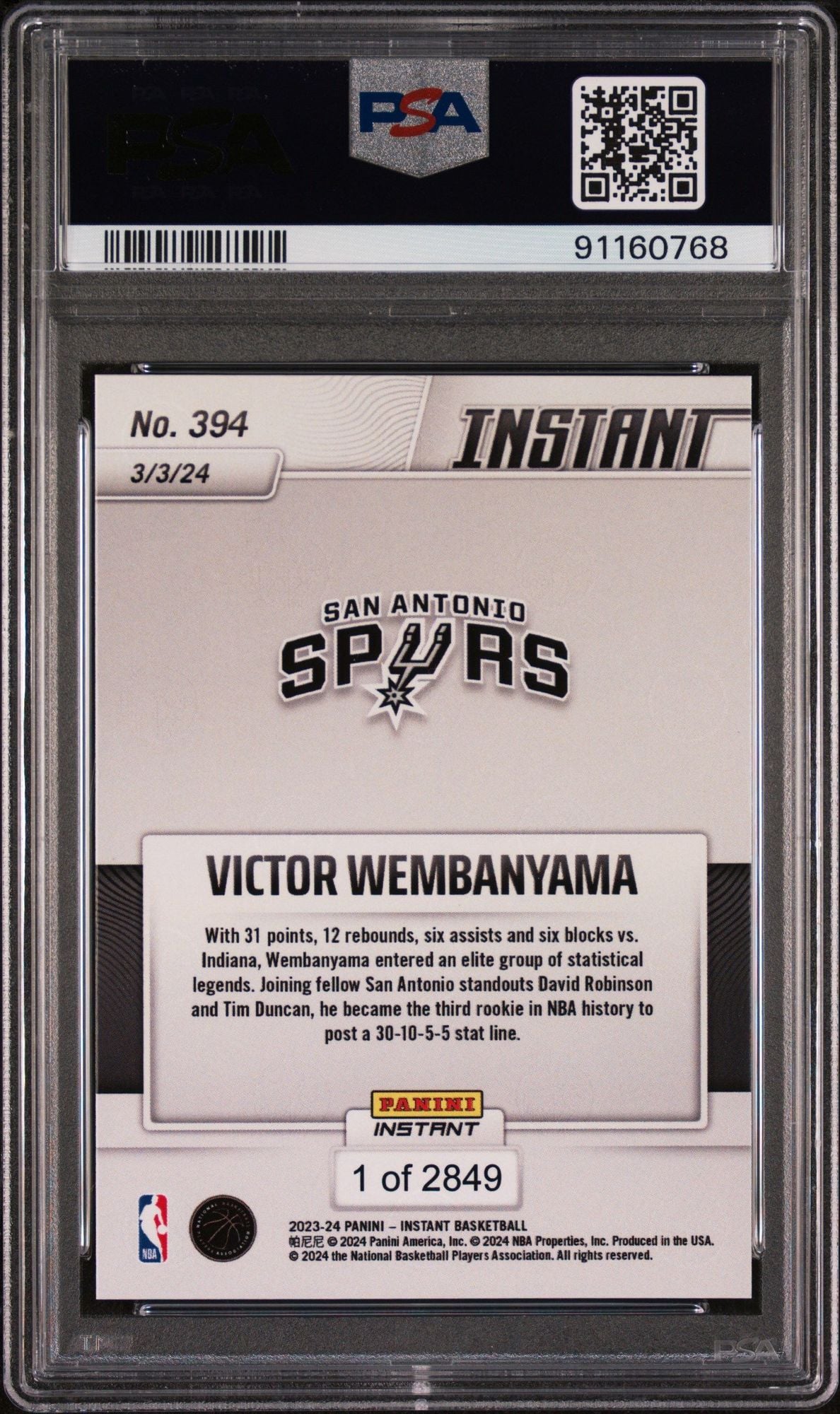 Graded 2023 Panini Instant Victor Wembanyama #394 Joins Elite Group Rookie RC Basketball Card PSA 10 Gem Mint