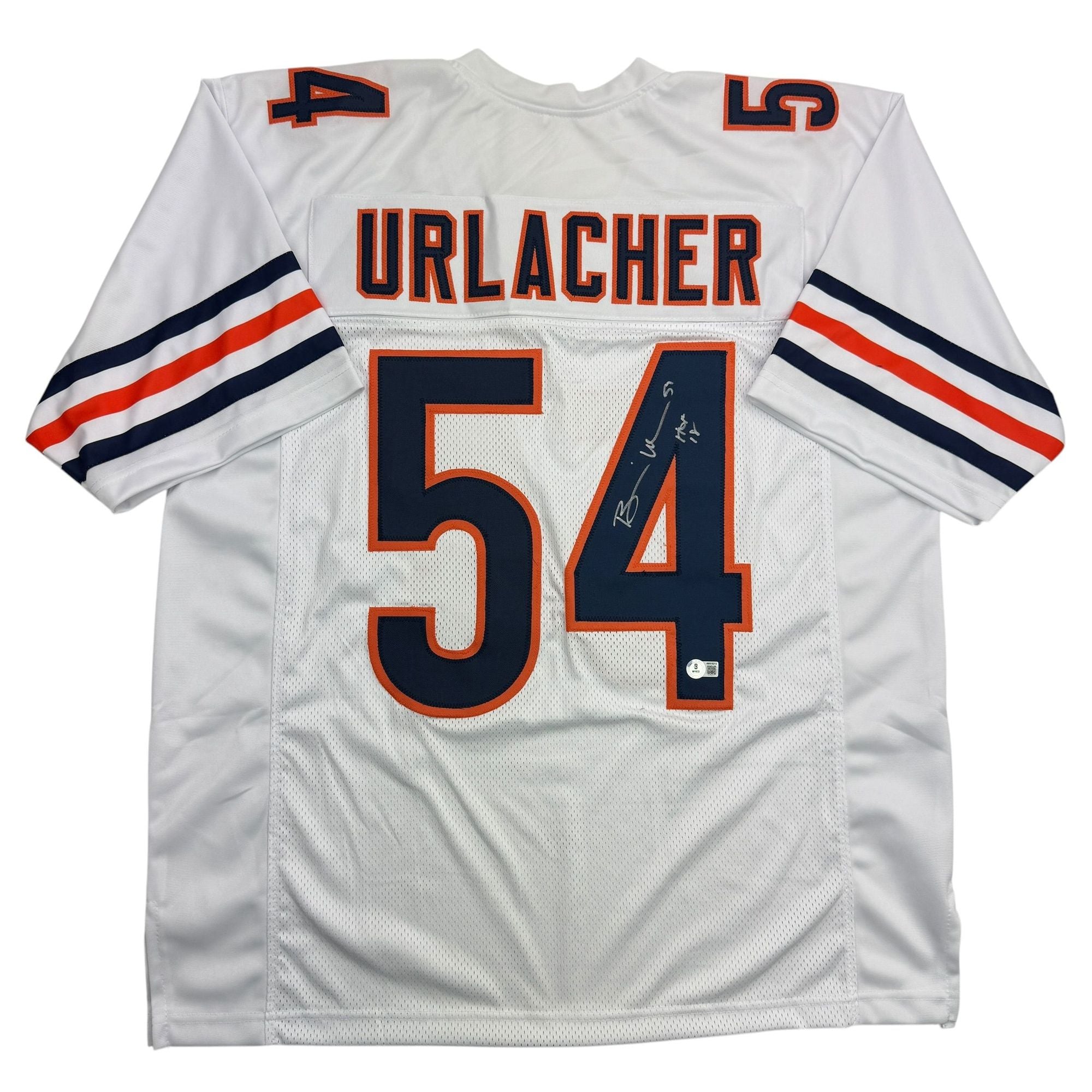 Autographed/Signed Brian Urlacher HOF 18 Chicago White Football Jersey Beckett BAS COA