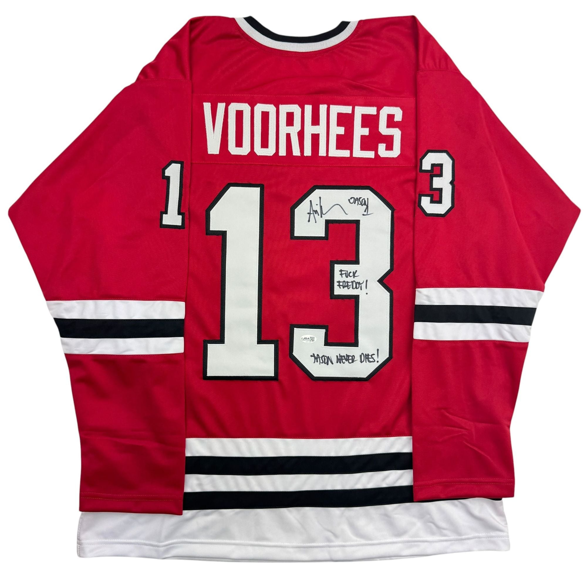 Autographed/Signed Ari Lehman Jason Voorhees Friday The 13th Movie Red Jersey JSA COA