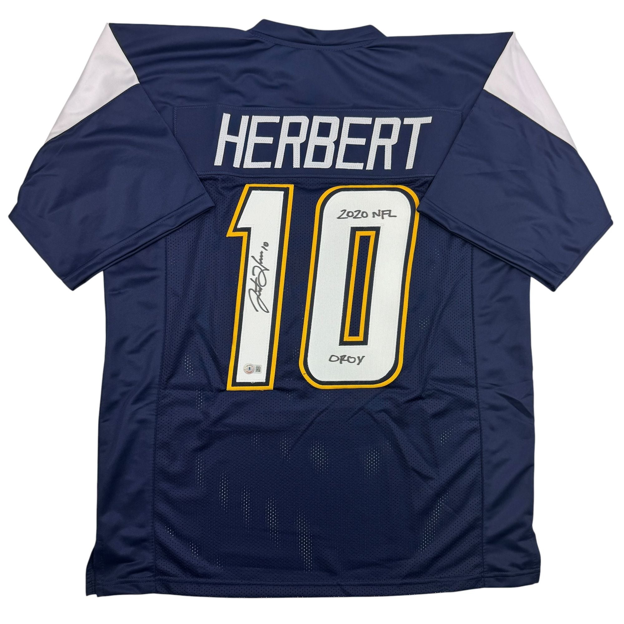Autographed/Signed Justin Herbert 2020 ROY Los Angeles San Diego Navy Blue Football Jersey Beckett BAS COA