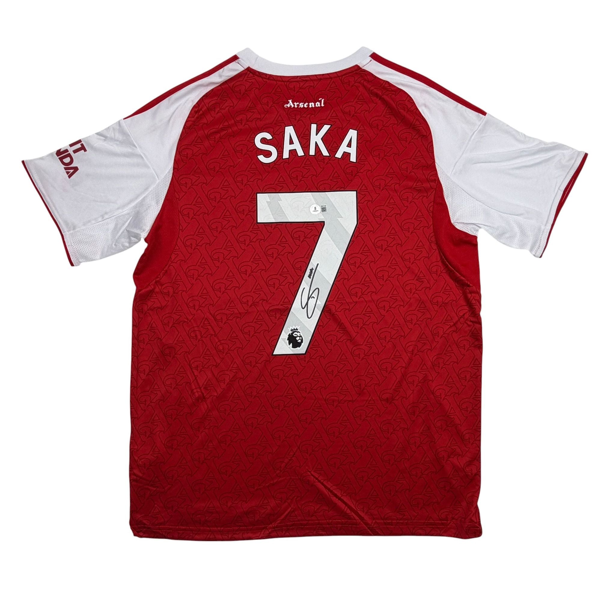 Autographed/Signed Buyako Saka Arsenal Red Soccer Futbol Jersey Beckett BAS COA