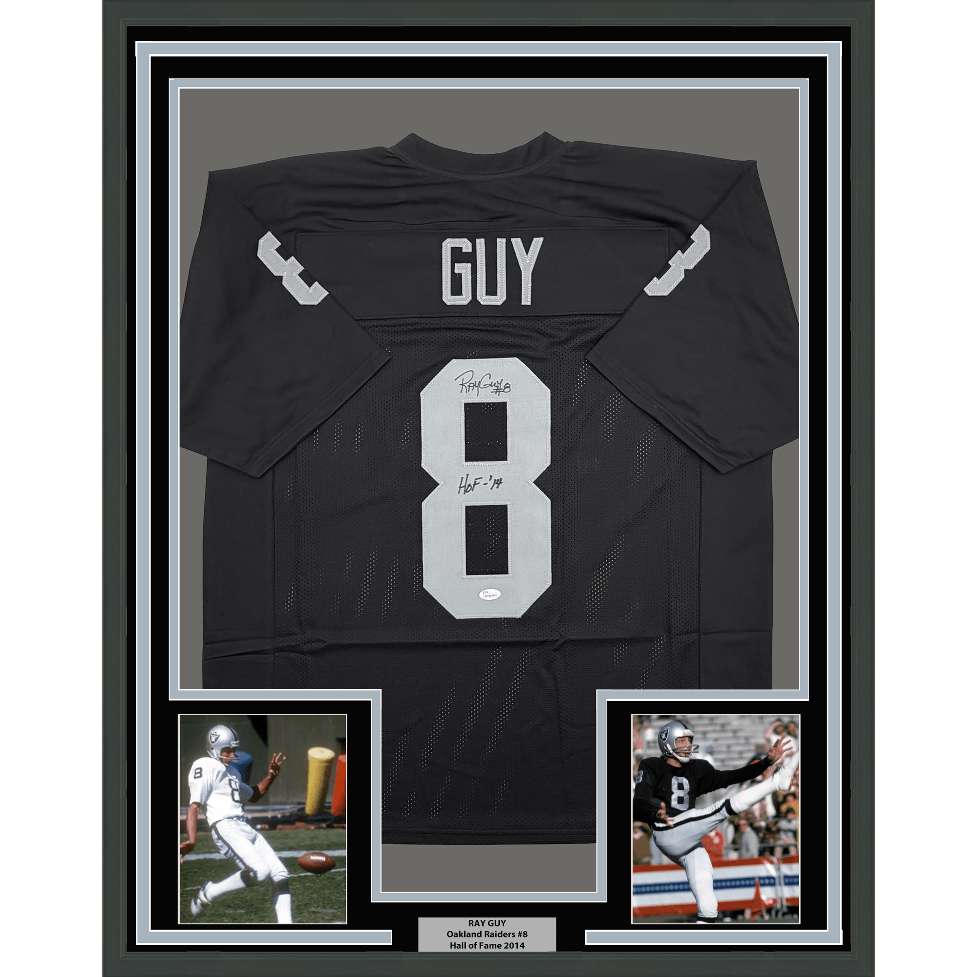 Framed Autographed/Signed Ray Guy HOF 14 35x39 Oakland Las Vegas Black Football Jersey JSA COA