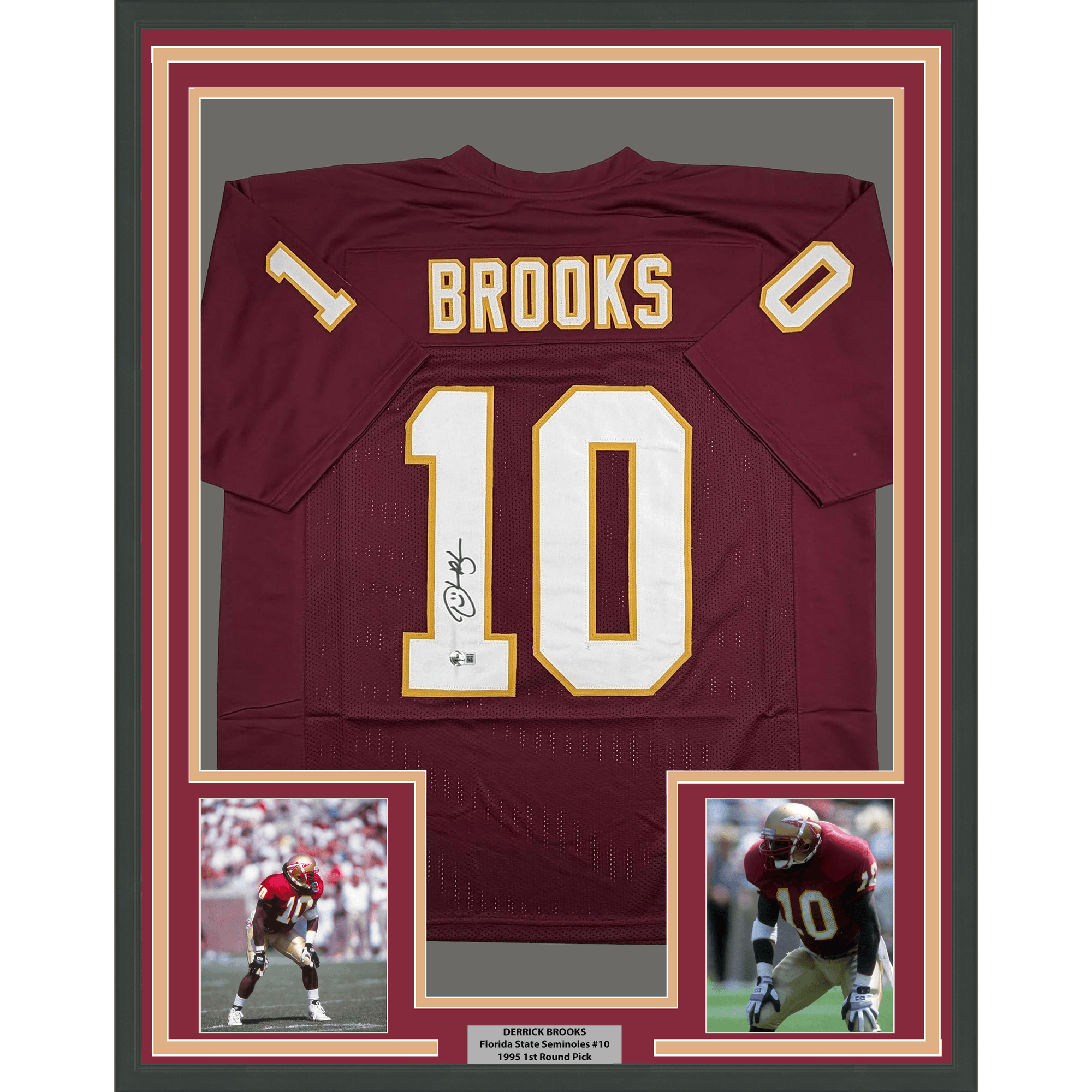 Framed Autographed/Signed Derrick Brooks 35x39 Florida State FSU Maroon College Football Jersey Beckett BAS COA
