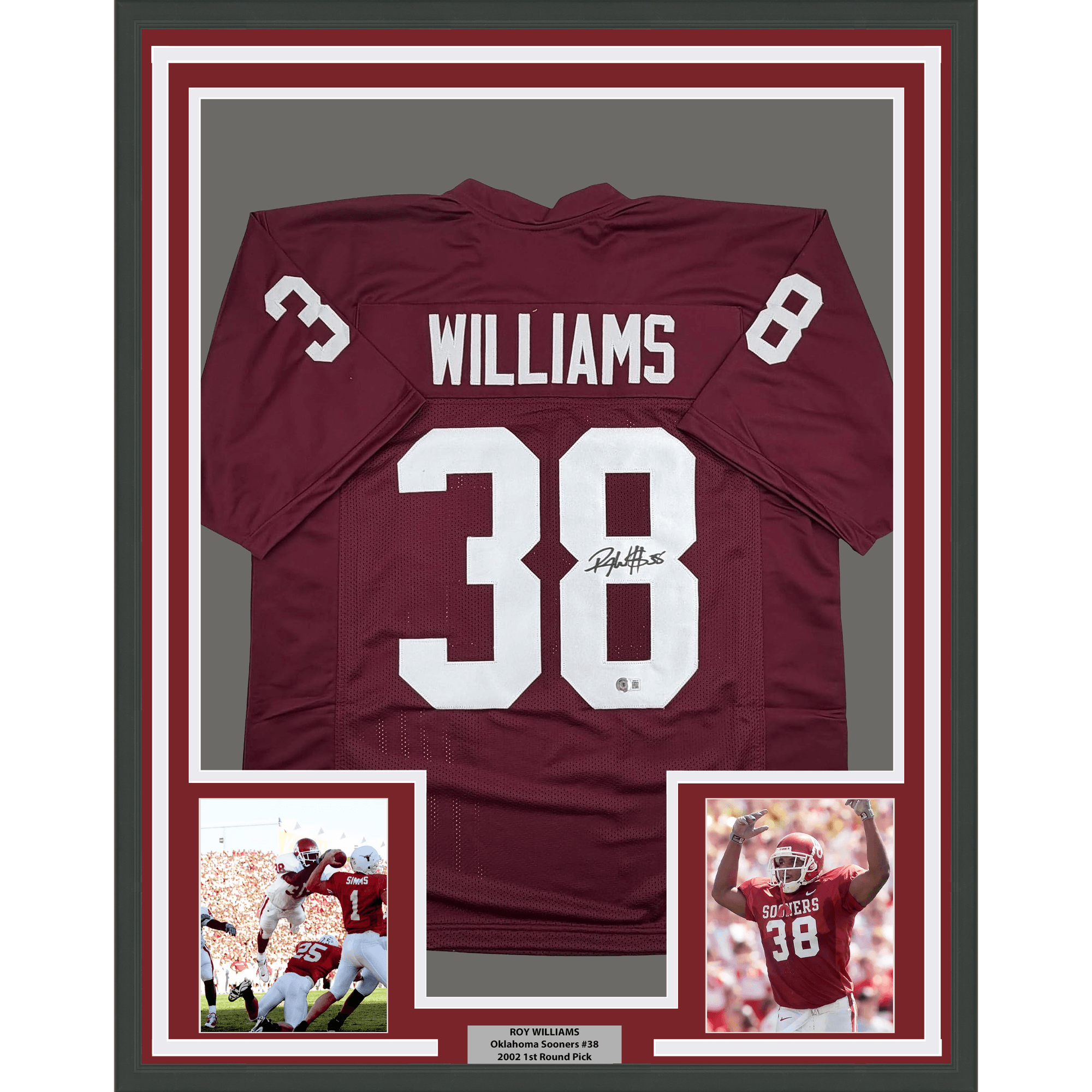 Framed Autographed/Signed Roy Williams 35x39 Oklahoma Maroon College Football Jersey Beckett BAS COA