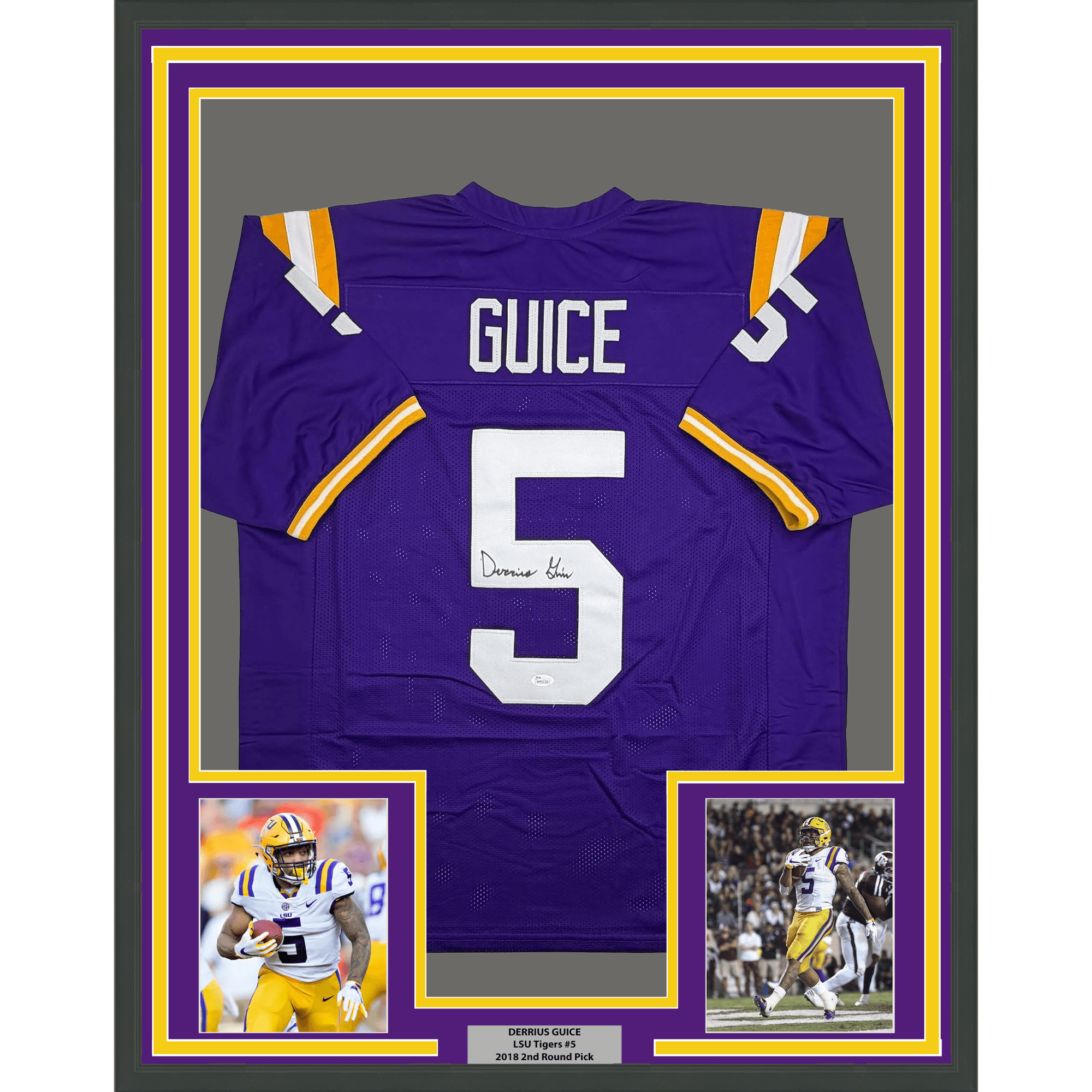 Framed Autographed/Signed Derrius Guice 35x39 LSU Purple College Football Jersey JSA COA
