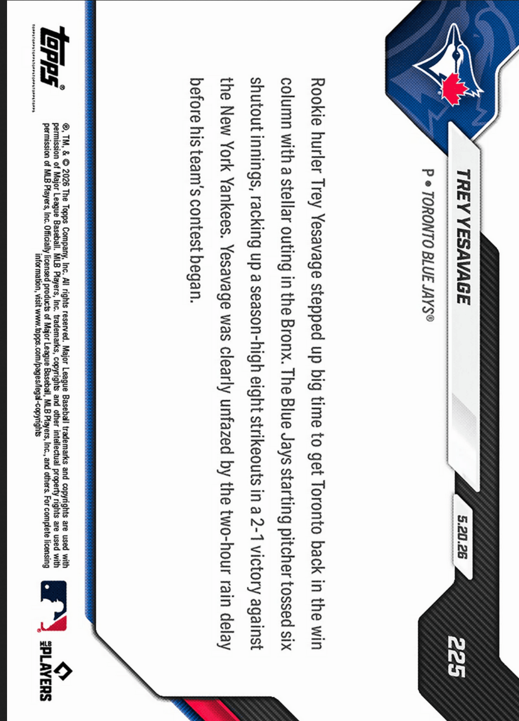 2026 Topps Now Trey Yesavage #225 Red Foil /5 Outduels Schlittler in Match Up of Rookie Hurlers Toronto Blue Jays Rookie RC Baseball Card