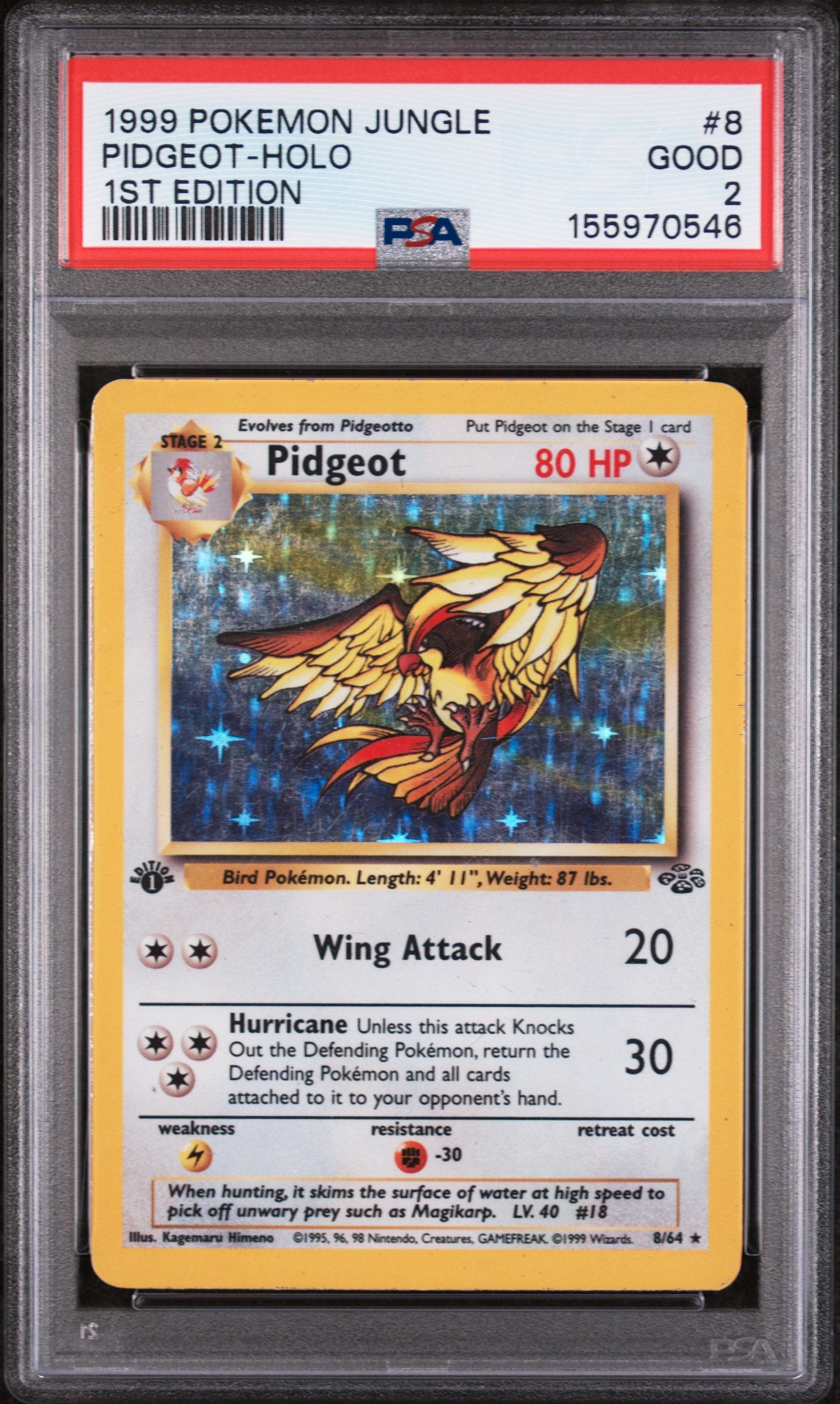 Graded 1999 Pokemon Jungle Pidgeot-Holo #8 1st Edition Trading Card Game PSA 2 Good