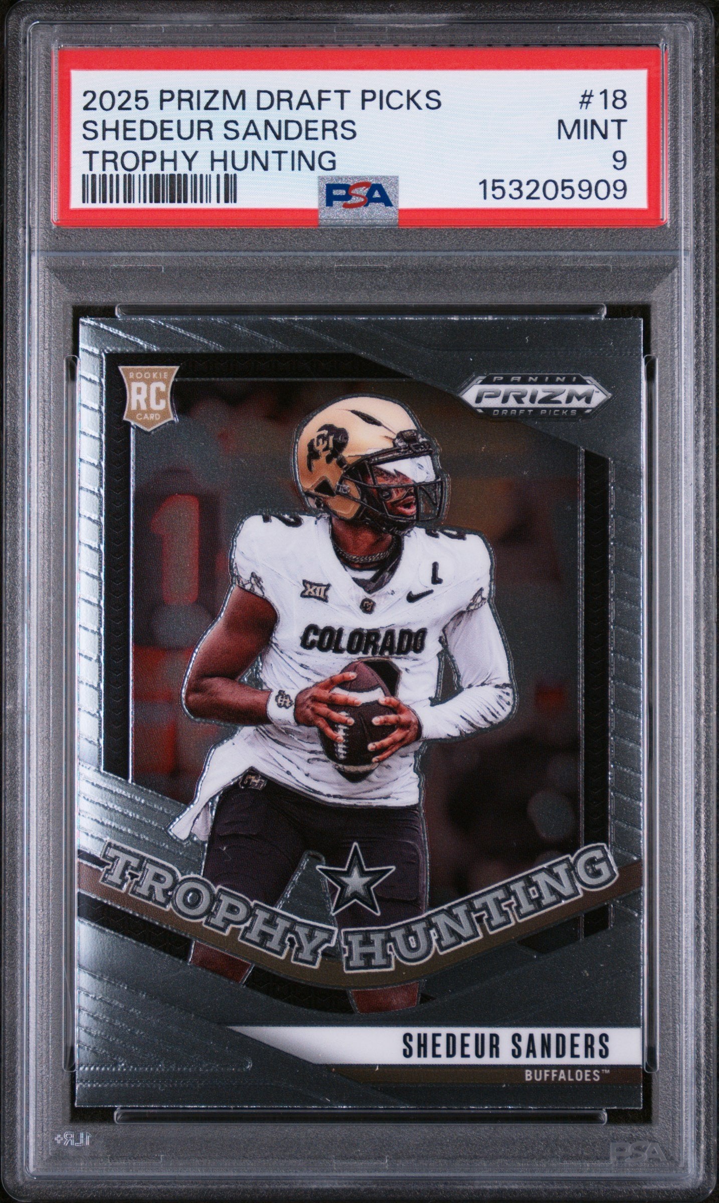 Graded 2025 Panini Prizm Draft Picks Shedeur Sanders #18 Trophy Hunting Rookie RC Football Card PSA 9 Mint