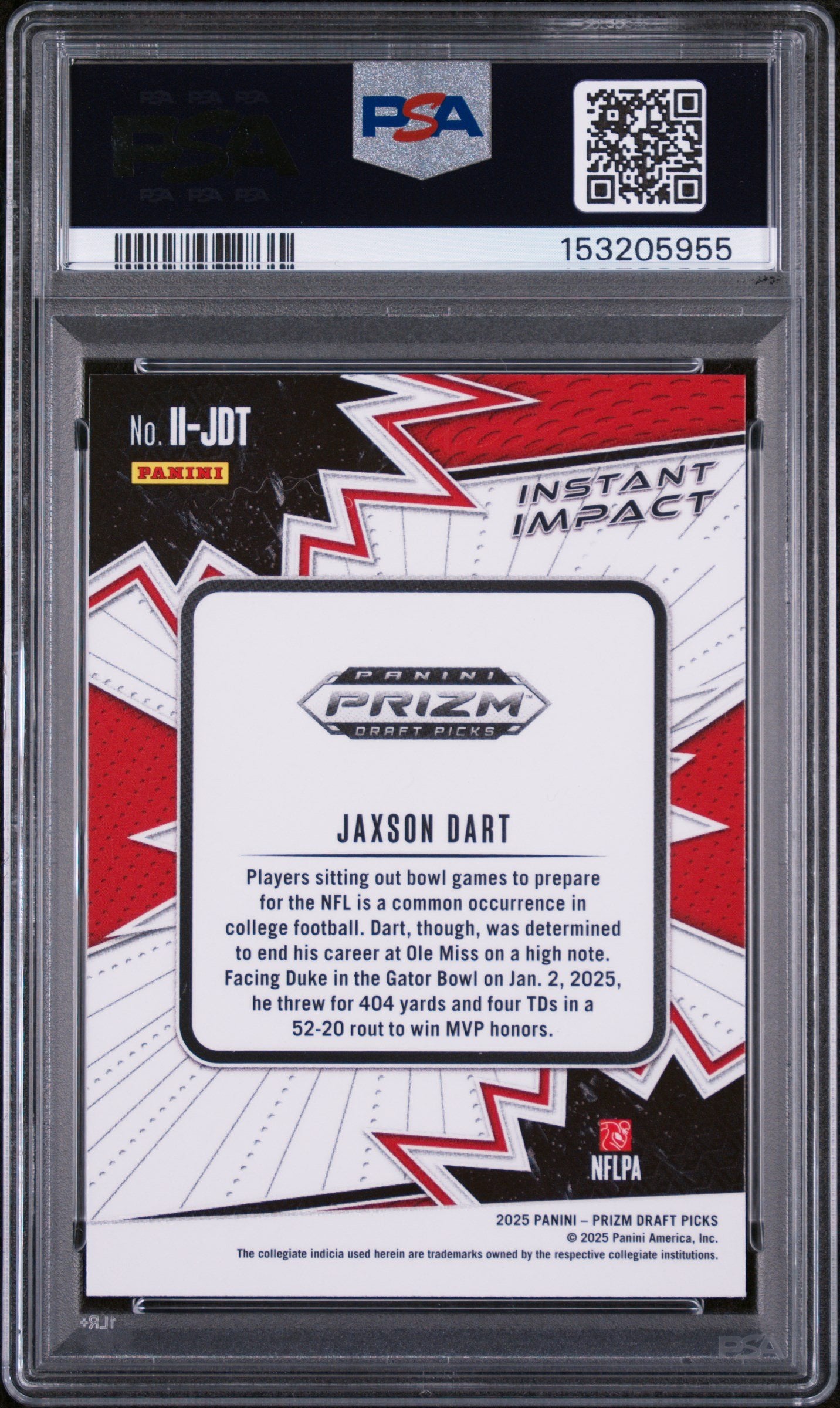 Graded 2025 Panini Prizm Draft Picks Jaxson Dart #II-JDT Instant Impact Rookie RC Football Card PSA 10 Gem Mint