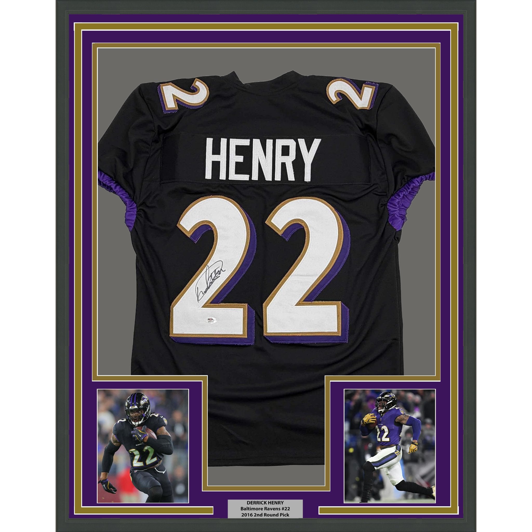 Framed Autographed/Signed Derrick Henry 35x39 Baltimore Black Football Jersey JSA COA