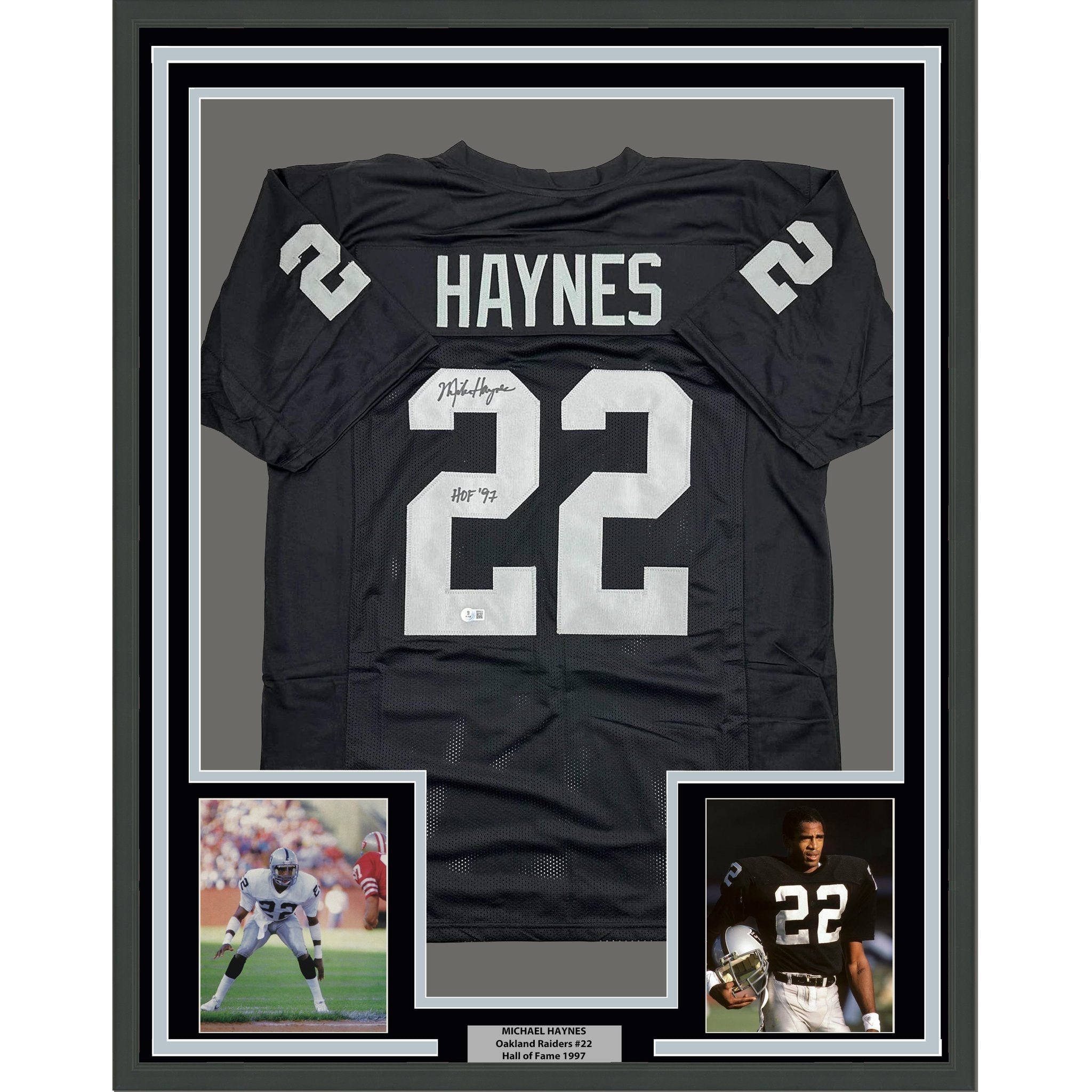 Framed Autographed/Signed Michael Mike Haynes 35x39 HOF 97 Oakland Black Football Jersey Beckett BAS COA
