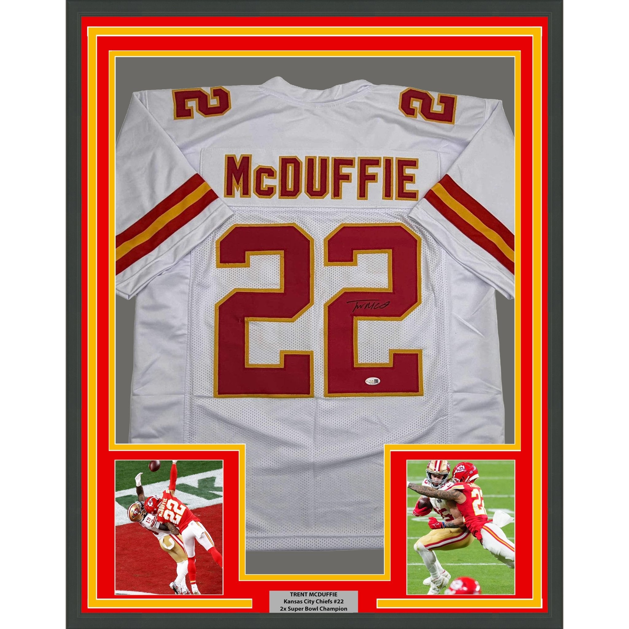 Framed Autographed/Signed Trent McDuffie 35x39 Kansas City White Football Jersey JSA COA