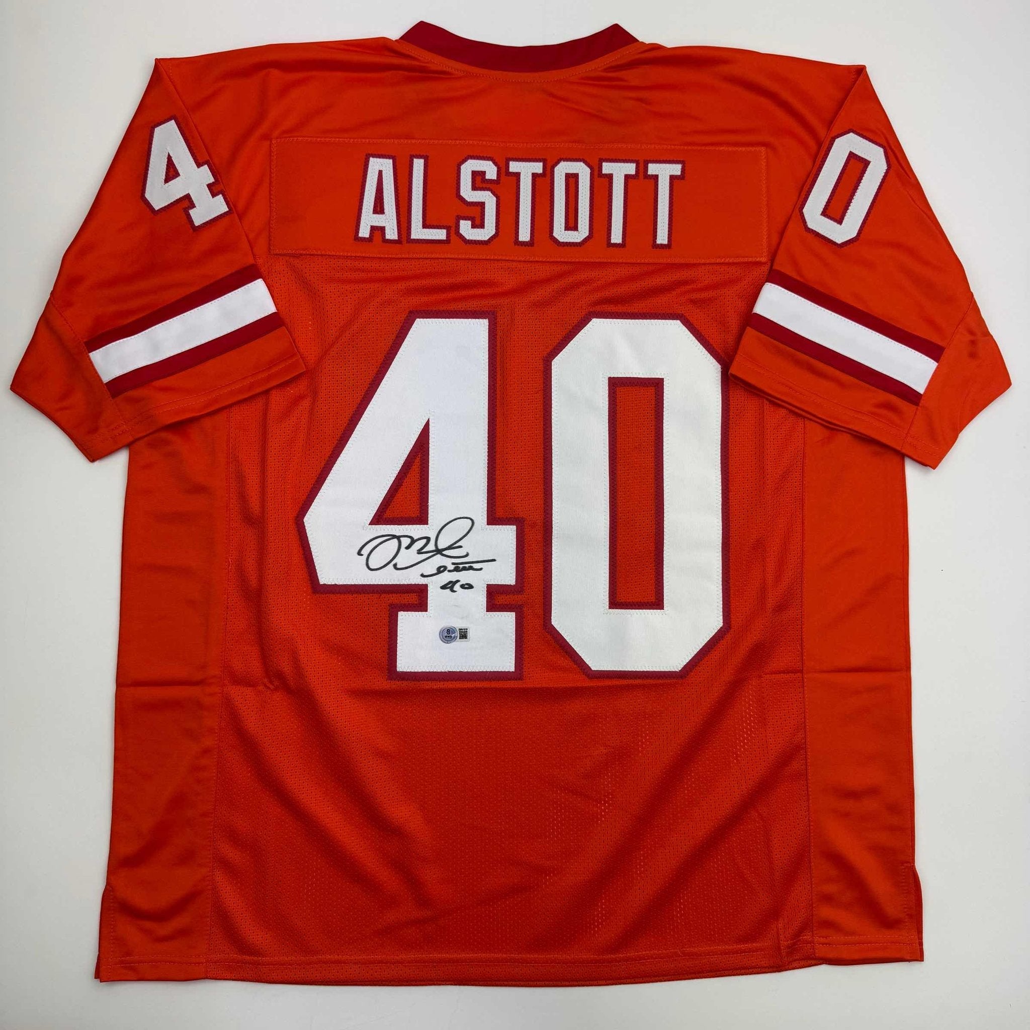 Autographed/Signed Mike Alstott Tampa Bay Orange Creamsicle Football Jersey Beckett BAS COA