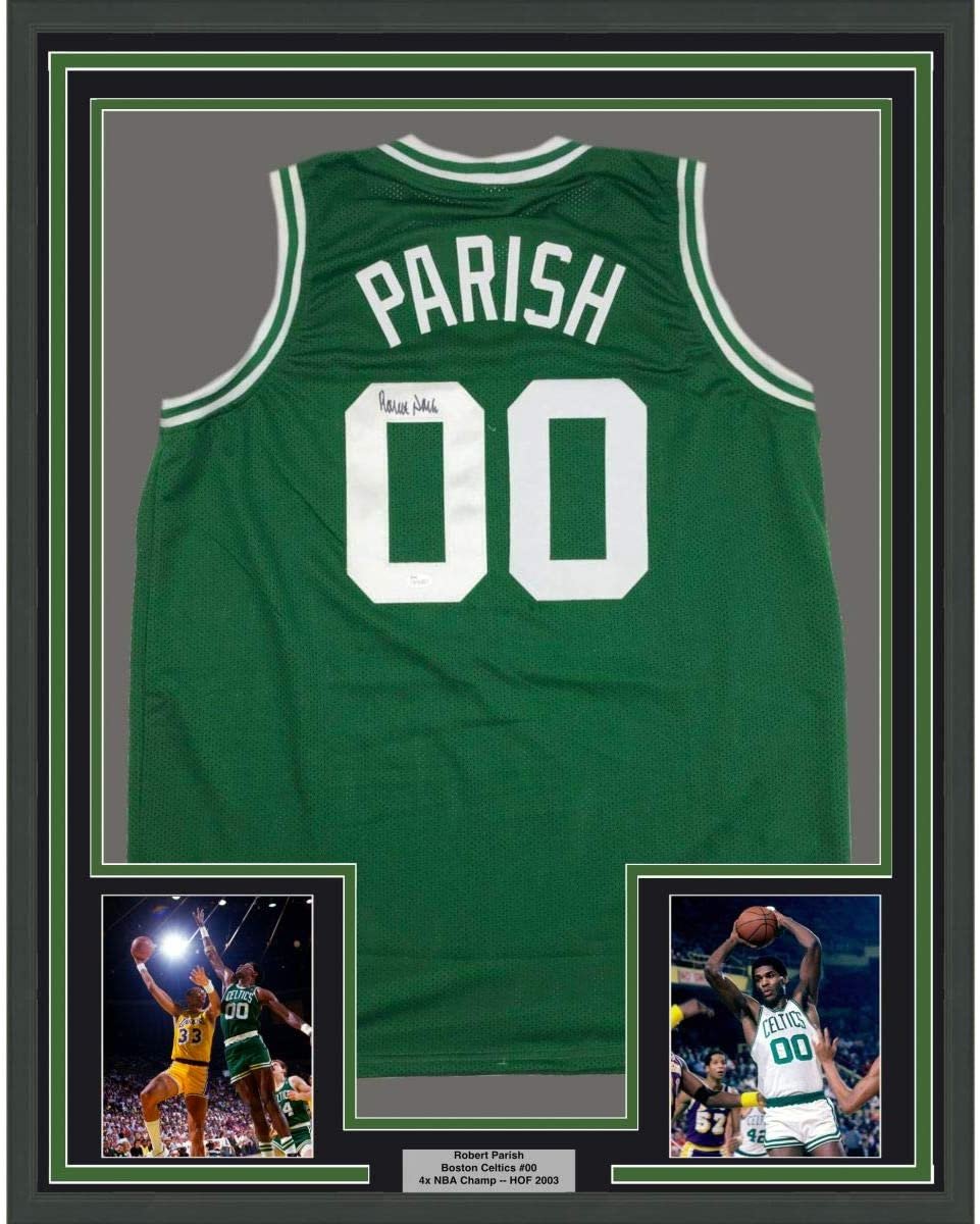 Framed Autographed/Signed Robert Parish 35x39 Boston Green Basketball Jersey JSA COA