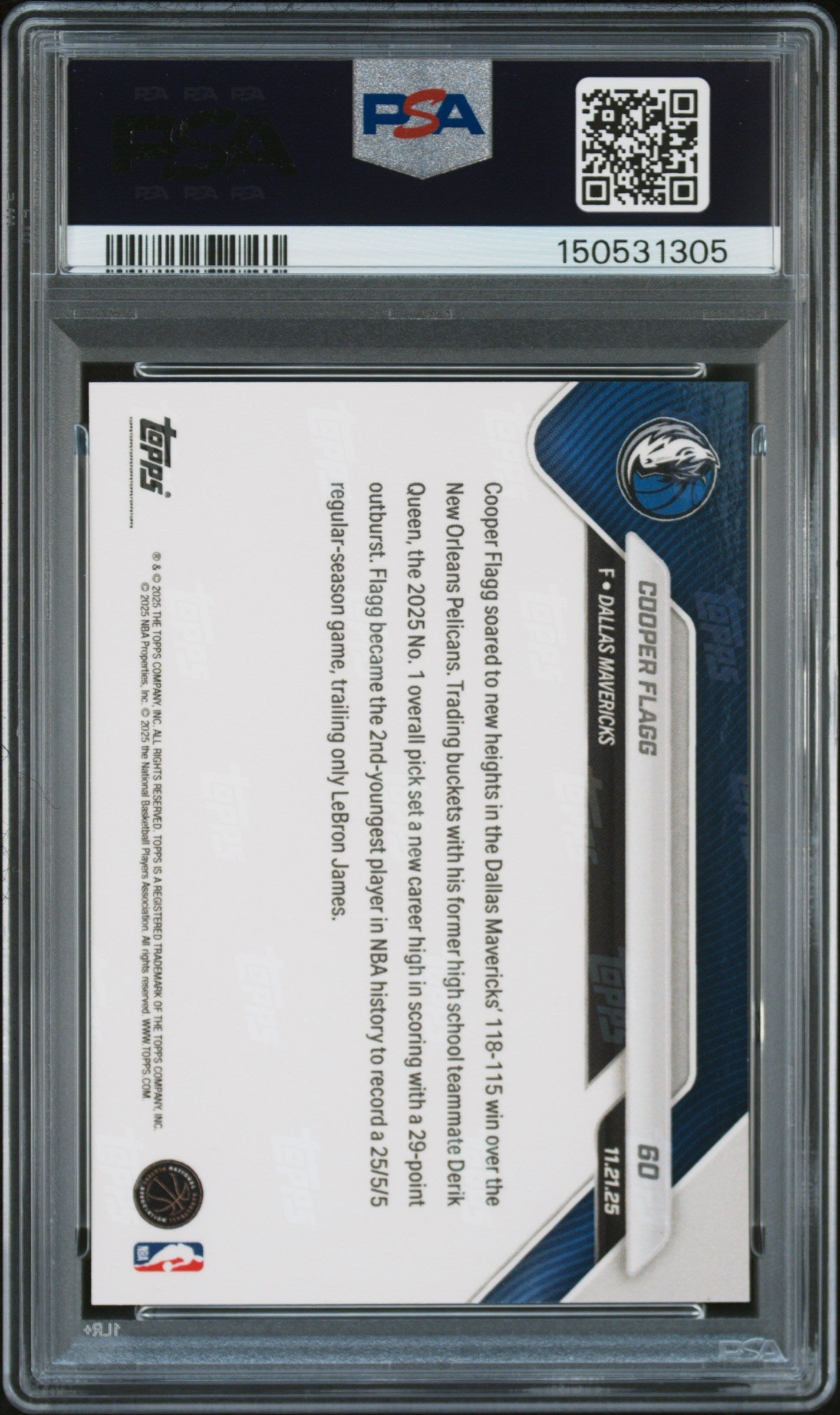 Graded 2025 Topps Now Cooper Flagg #60 Rookie RC Basketball Card PSA 10 Gem Mint