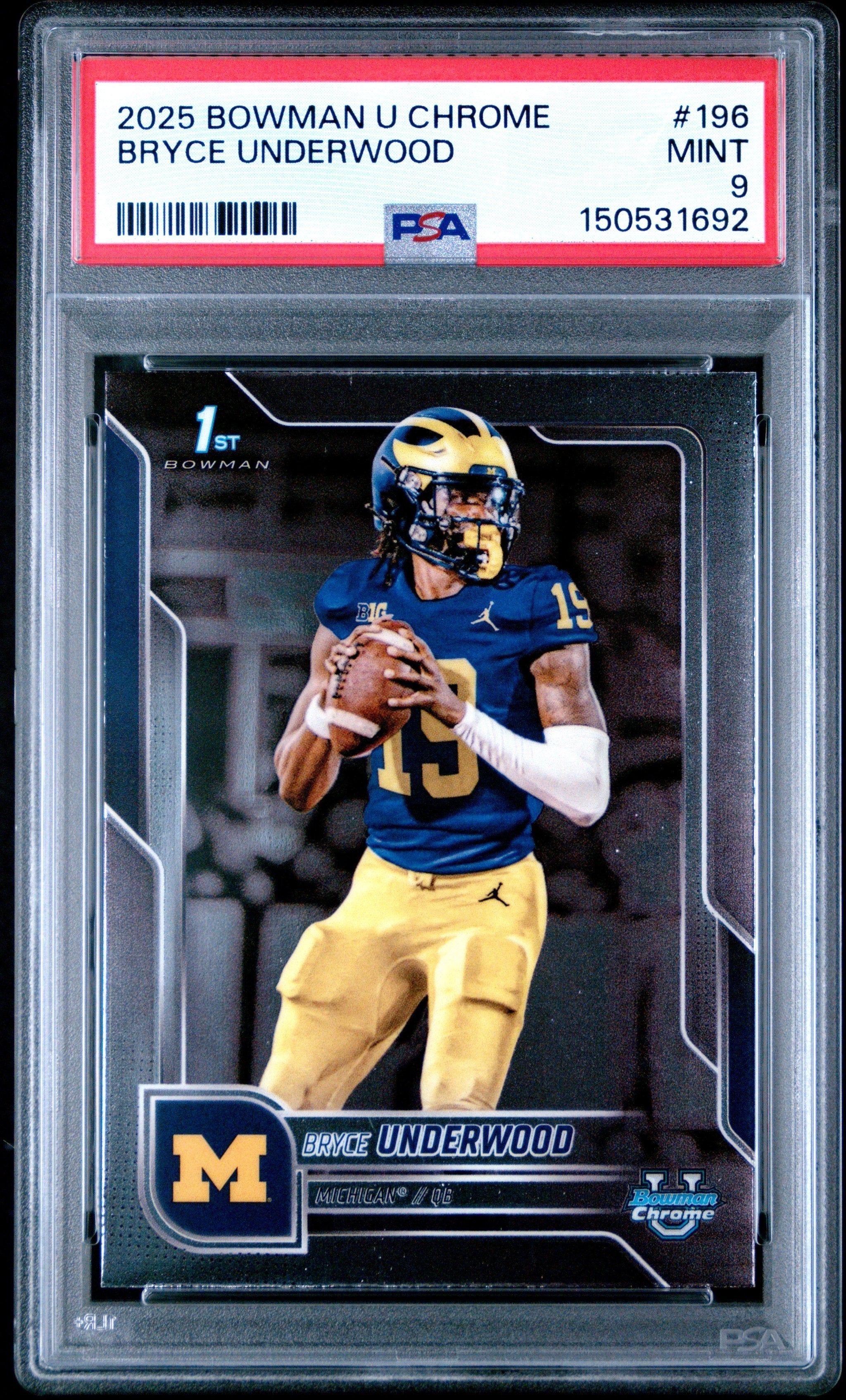 Graded 2025 Topps Bowman University Chrome Bryce Underwood #196 Rookie RC Football Card PSA 9 Mint