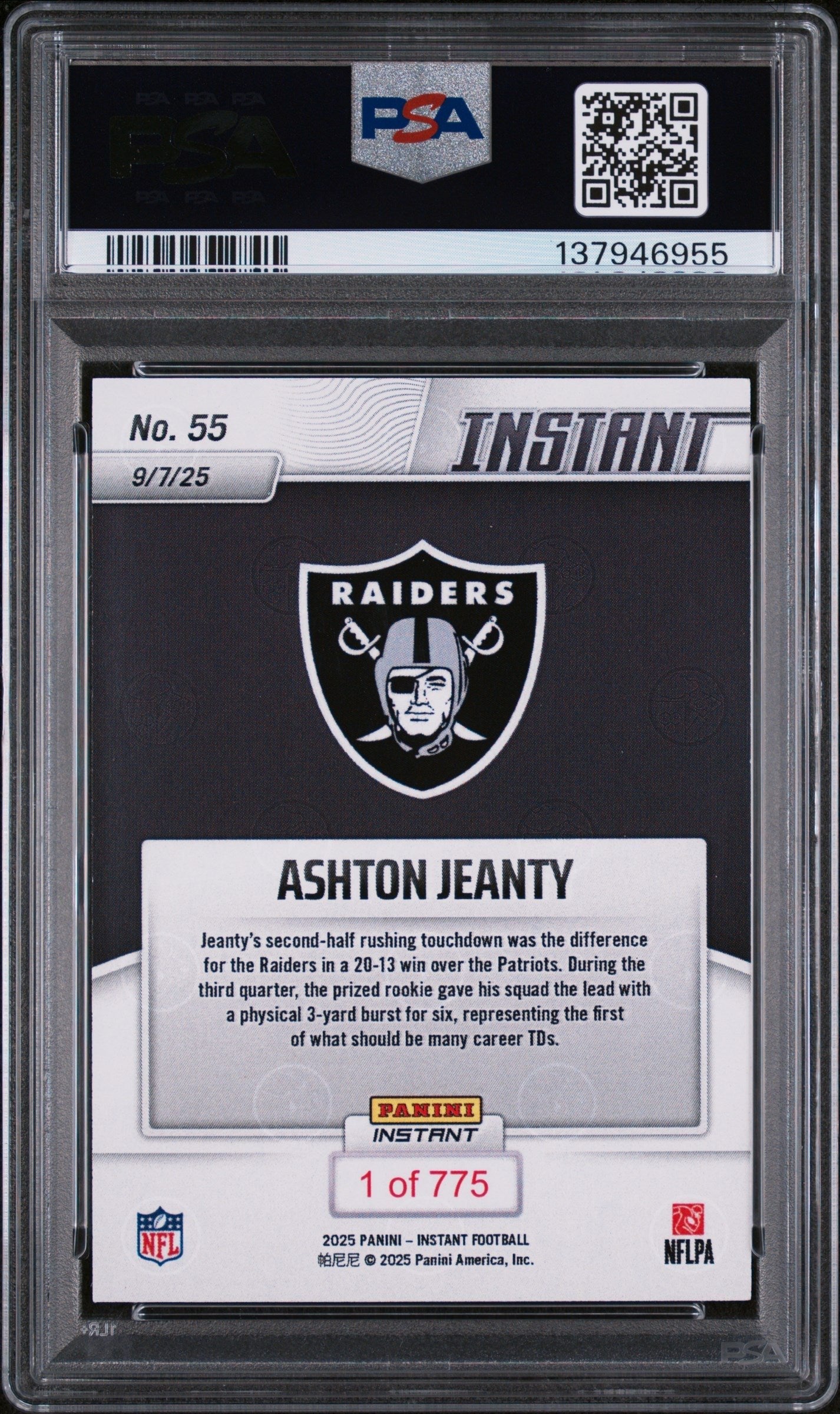 Graded 2025 Panini Instant Ashton Jeanty #55 Rookie RC Football Card PSA 10 Gem Mint
