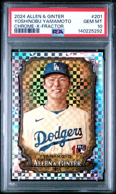 Graded 2024 Topps Allen & Ginter Yoshinobu Yamamoto #201 Chrome Xfractor Baseball Card PSA 10 Gem Mint