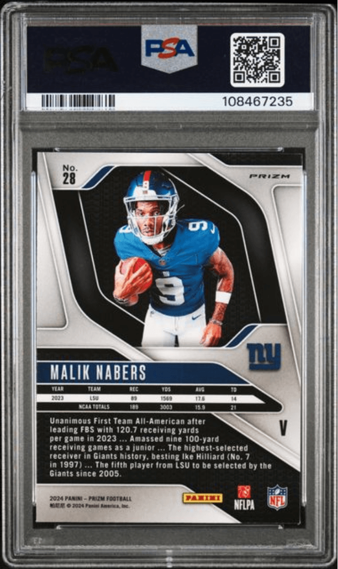 Graded 2024 Panini Prizm Malik Nabers #8 Rookie Variation Rookie RC Football Card PSA 10 Gem Mint
